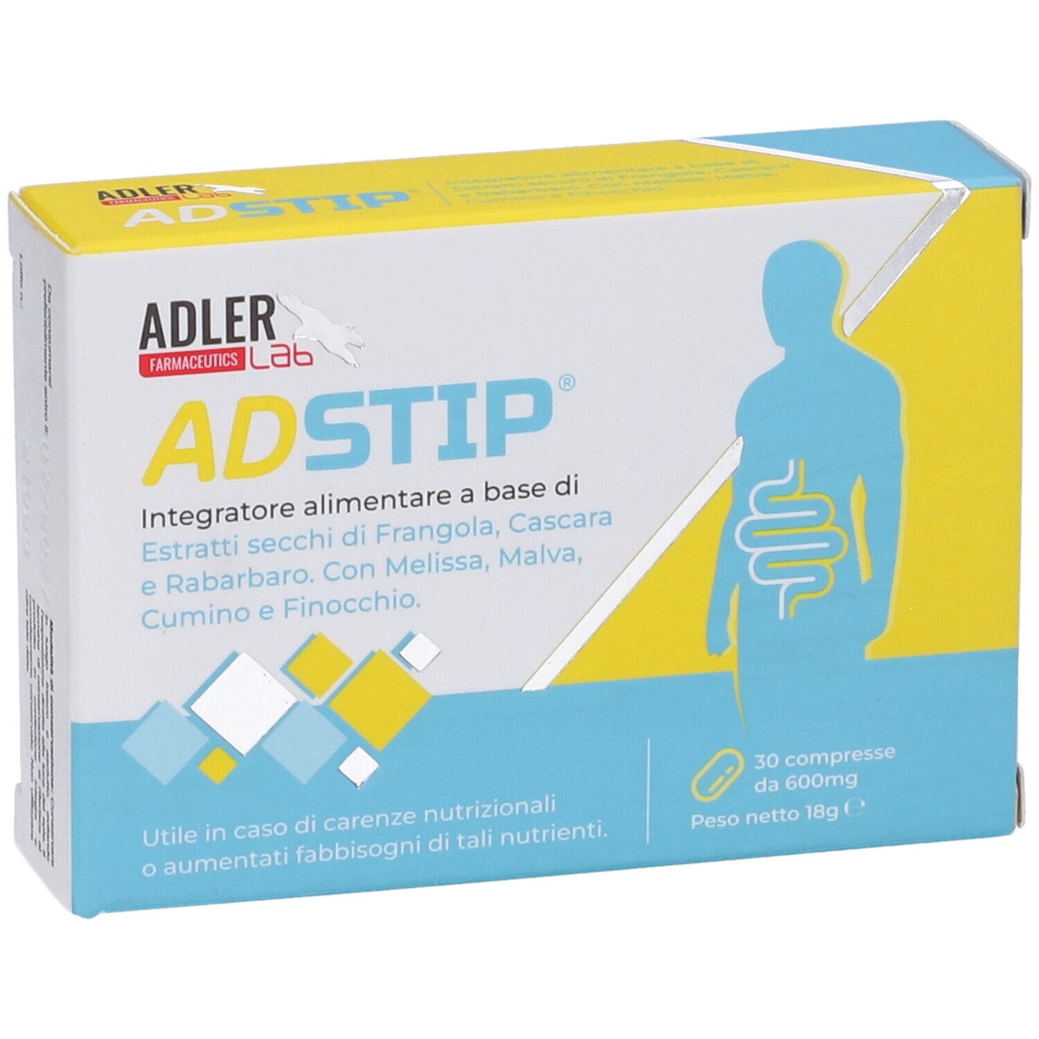 Scatola di compresse ADSTIP. Scritta: ADLER, ADSTIP. Contiene 30 compresse. Illustrazione dell'apparato digerente.