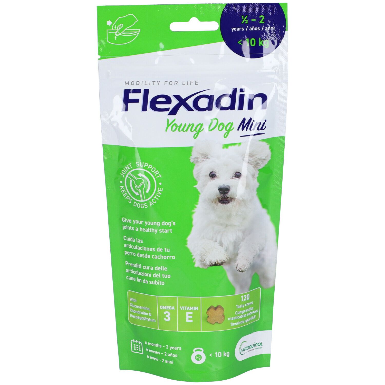 Confezione Flexadin Young Dog Mini. Imballaggio verde e bianco con cane. Testo: Supporto articolare, Omega 3, Vitamina E. Per cani fino a 10 kg.