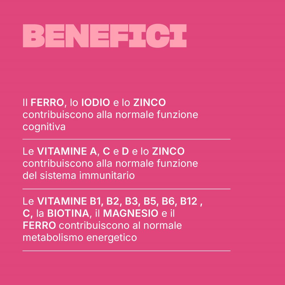 Grafica sui benefici di Swisse Multivit Donna: funzione cognitiva, sistema immunitario, metabolismo energetico.
