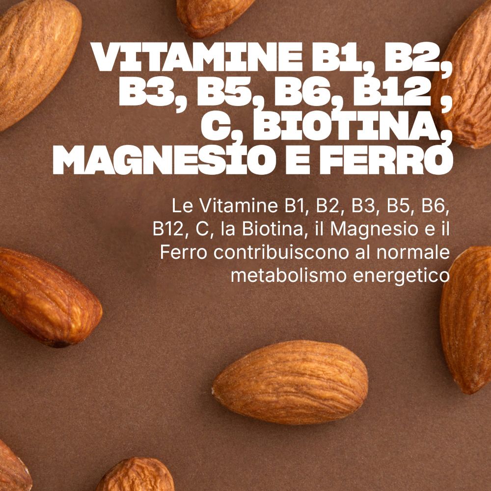 Mandorle e testo sulle vitamine B, biotina, magnesio e ferro per il metabolismo energetico.