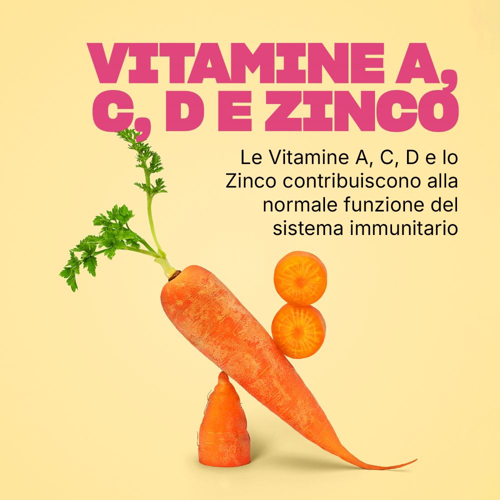 Carota e testo sulle vitamine A, C, D e zinco per il sistema immunitario.