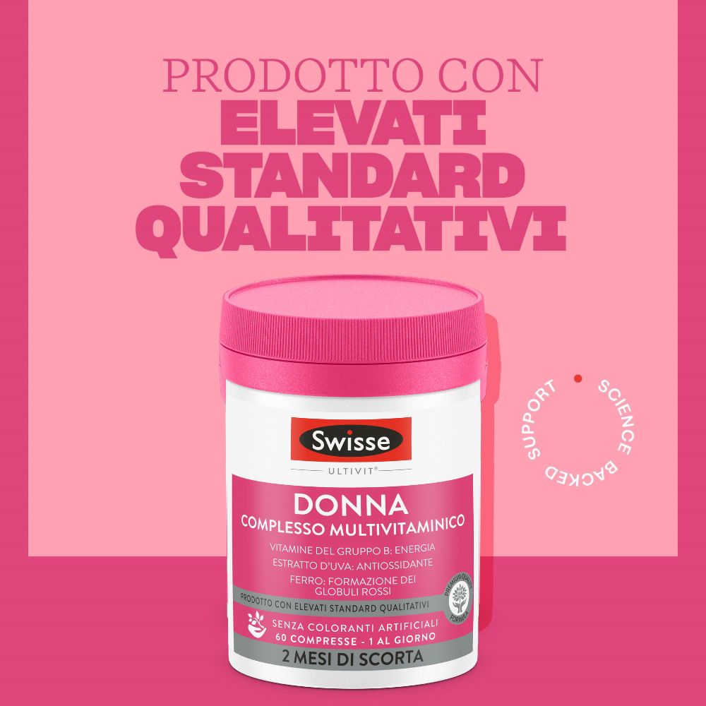 Barattolo di Swisse Multivit Donna, un integratore multivitaminico per donne, con caratteristiche di qualità.