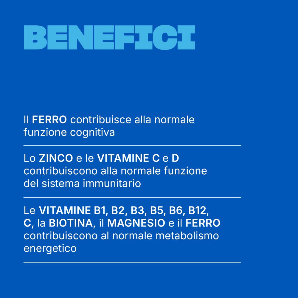 Elenco dei benefici di Swisse Uomo Complesso Multivitaminico: funzione cognitiva, sistema immunitario, metabolismo energetico.