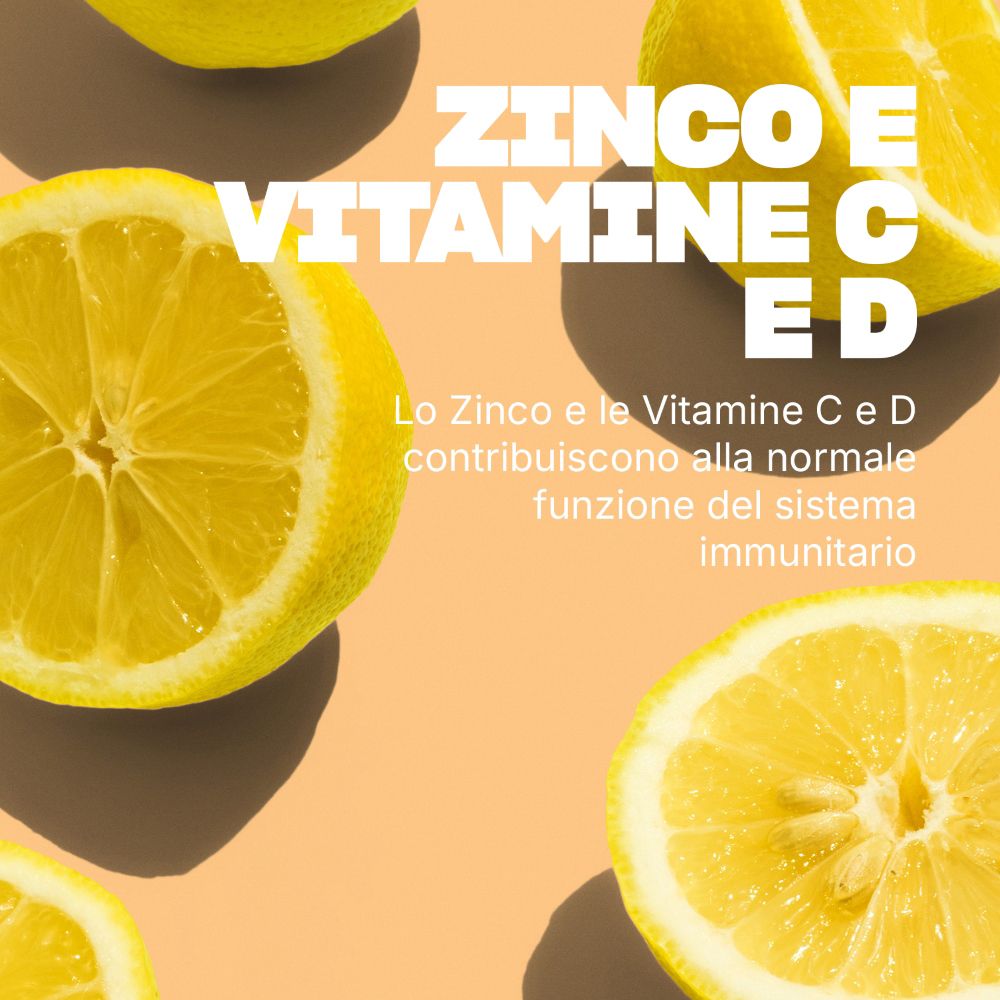 Fette di limone e testo su Zinco e Vitamine C, D per la funzione del sistema immunitario.
