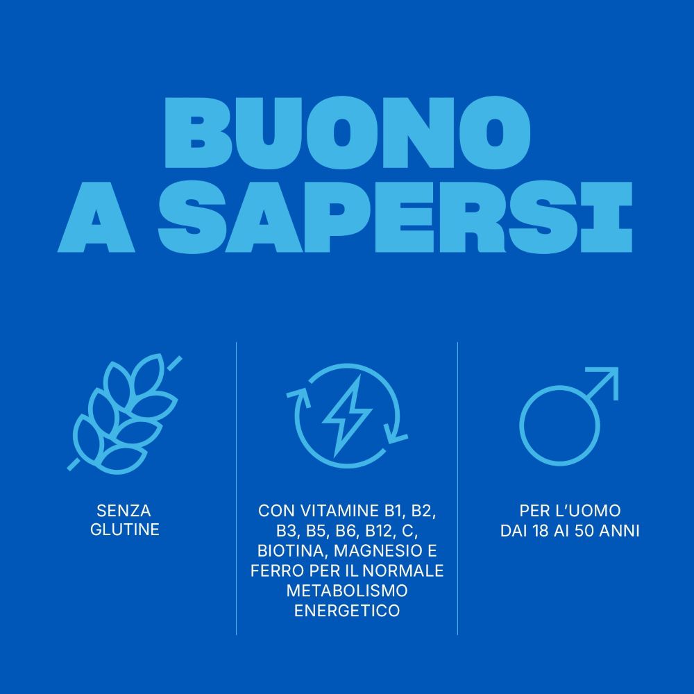 Simboli: senza glutine, vitamine B1-B12, C, biotina, magnesio, ferro per metabolismo energetico, per uomini 18-50 anni.