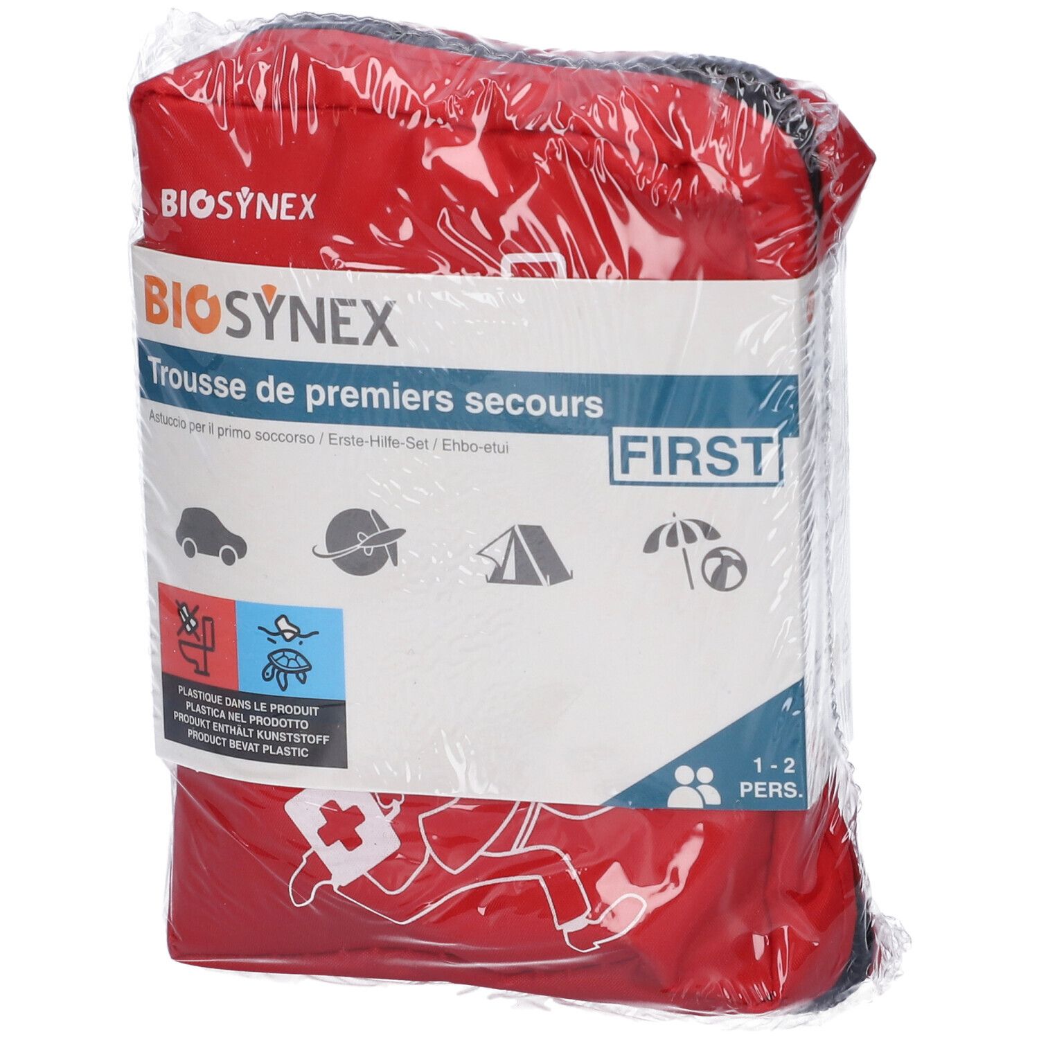 Borsetta di pronto soccorso rossa, confezionata. Scritta: BIOSYNEX, Trousse de premiers secours. Per 1-2 persone.