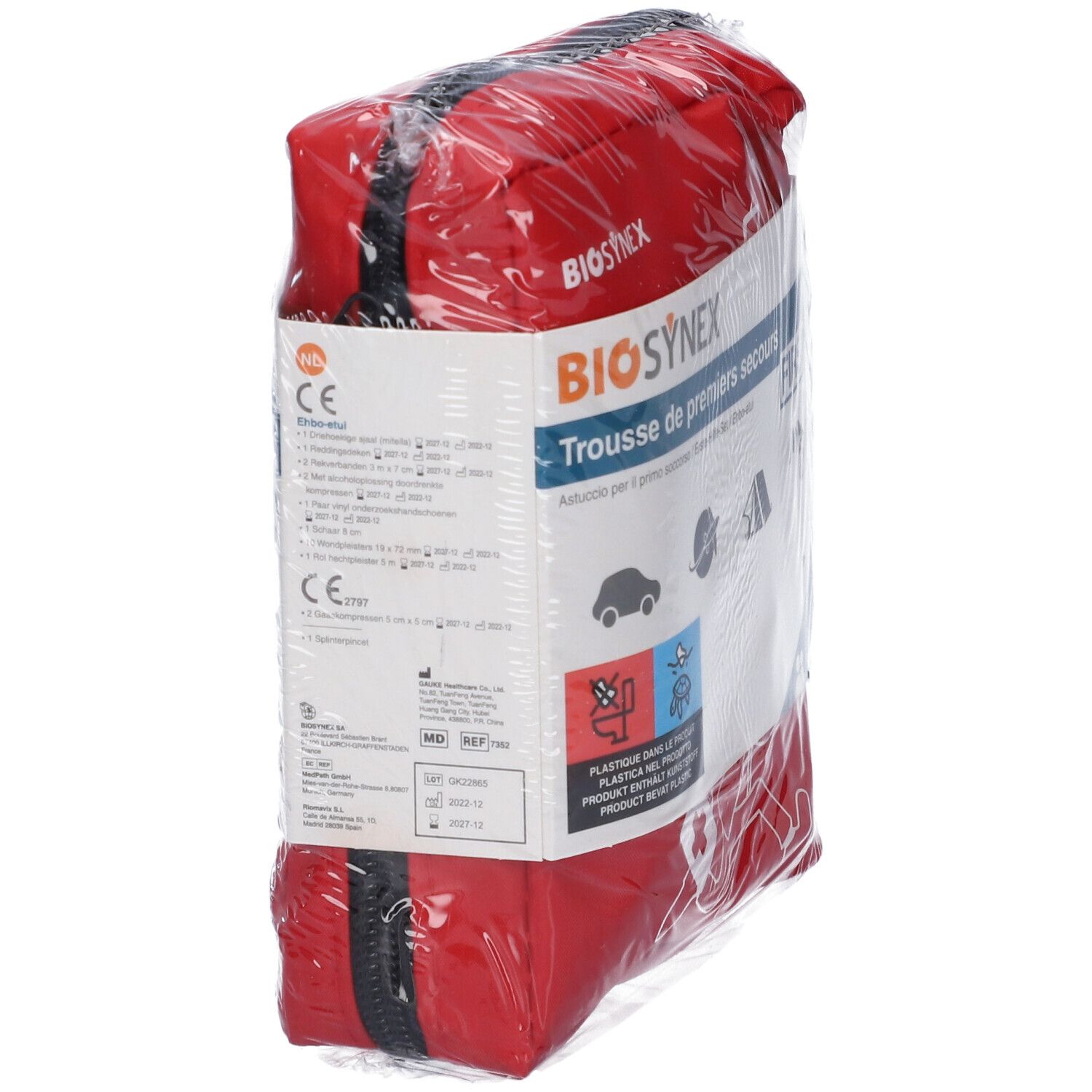 Borsetta di pronto soccorso rossa, confezionata. Scritta: BIOSYNEX, Trousse de premiers secours. Marchio CE.