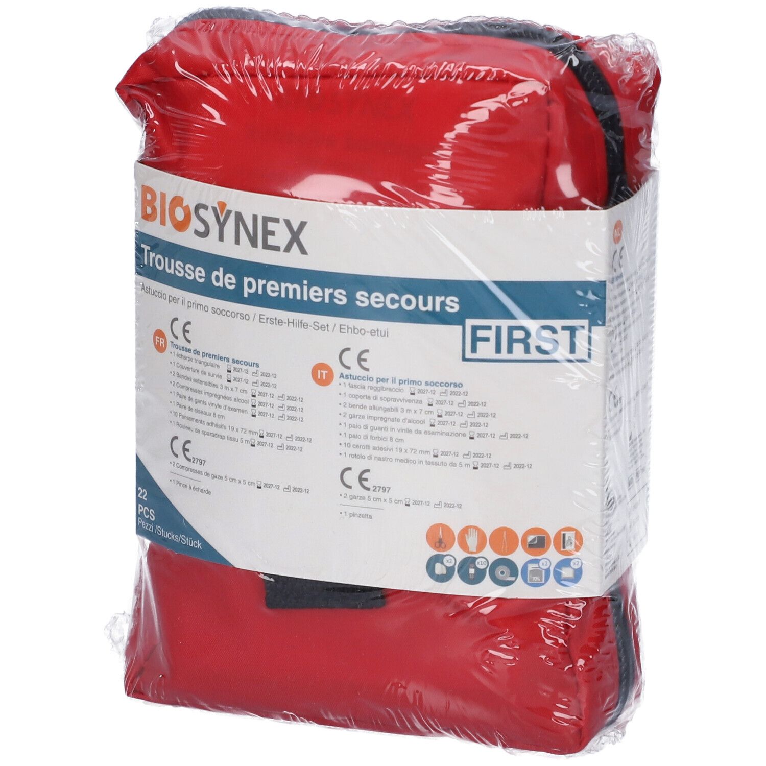 Borsetta di pronto soccorso rossa, confezionata. Scritta: BIOSYNEX, Trousse de premiers secours. 22 pezzi. Marchio CE.