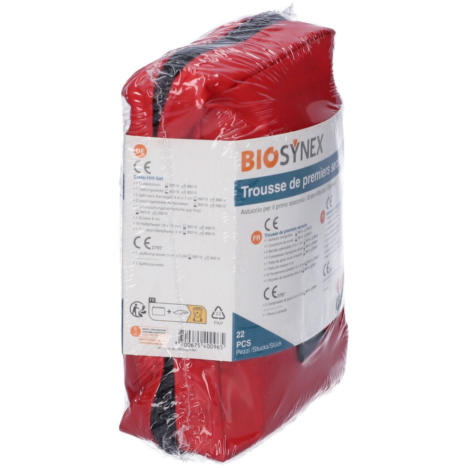 Borsetta di pronto soccorso rossa, confezionata. Scritta: BIOSYNEX, Trousse de premiers secours. 22 pezzi. Marchio CE.