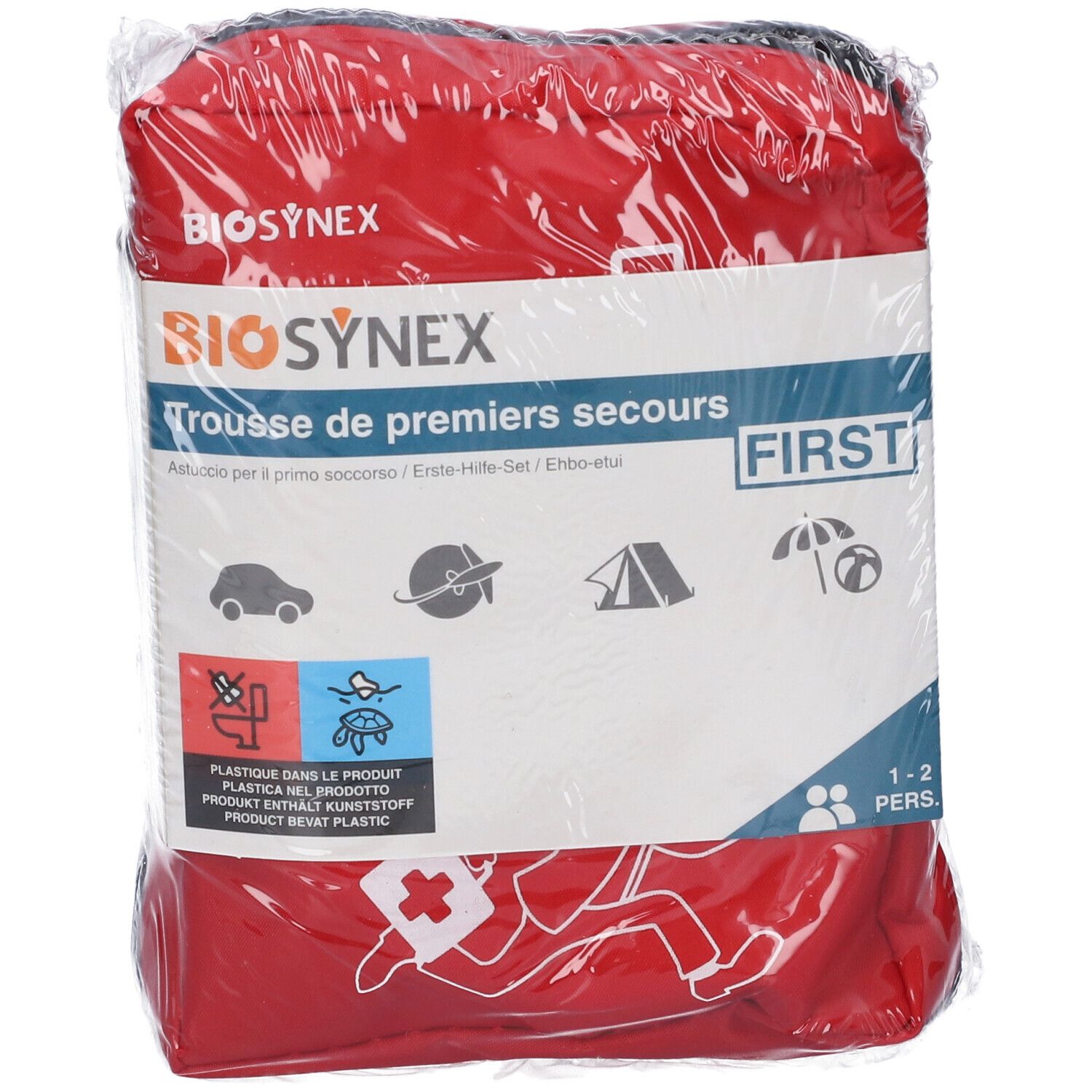 Borsetta di pronto soccorso rossa, confezionata. Scritta: BIOSYNEX, Trousse de premiers secours. Per 1-2 persone.