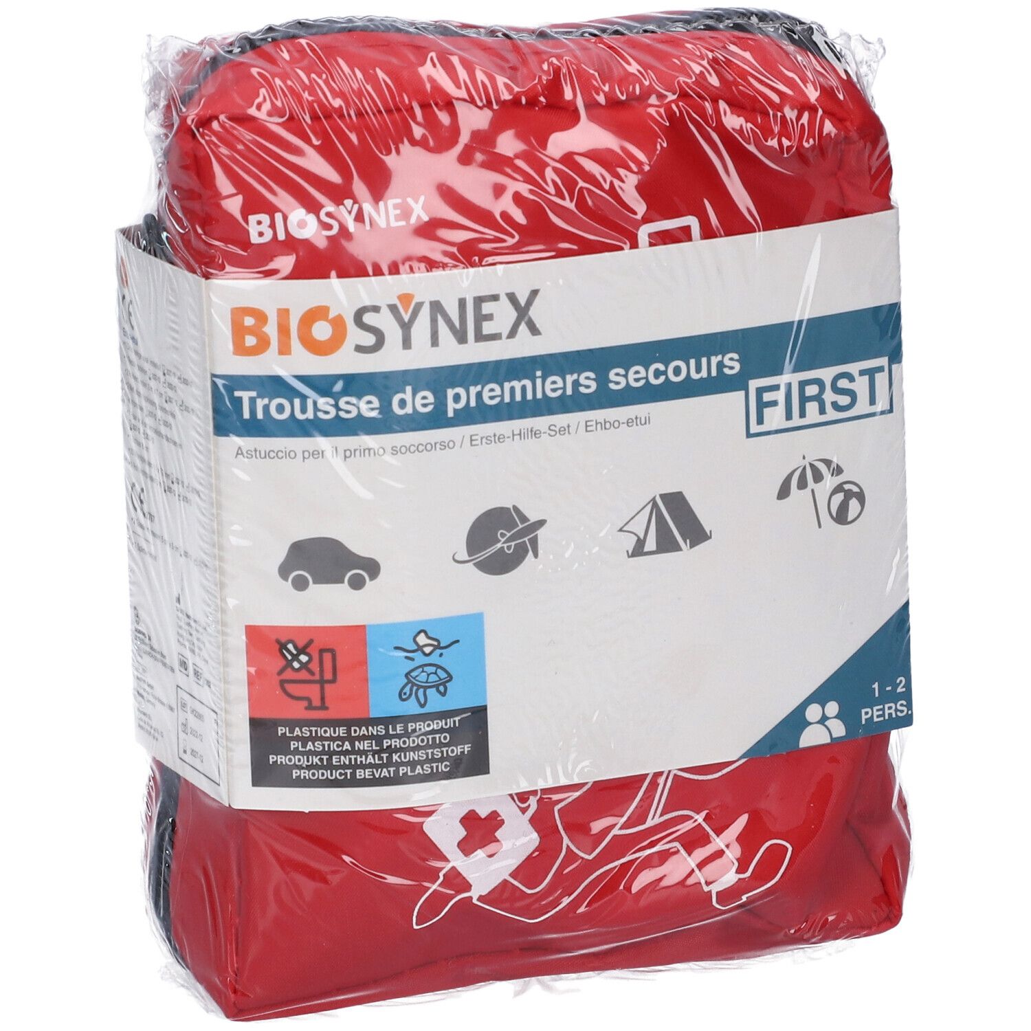 Borsetta di pronto soccorso rossa, confezionata. Scritta: BIOSYNEX, Trousse de premiers secours. Per 1-2 persone.