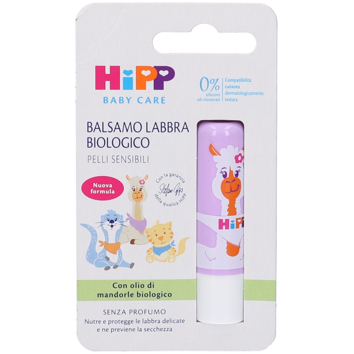 Balsamo labbra in confezione. Rossetto rosa con illustrazione di lama. Marchio Hipp Baby Care.