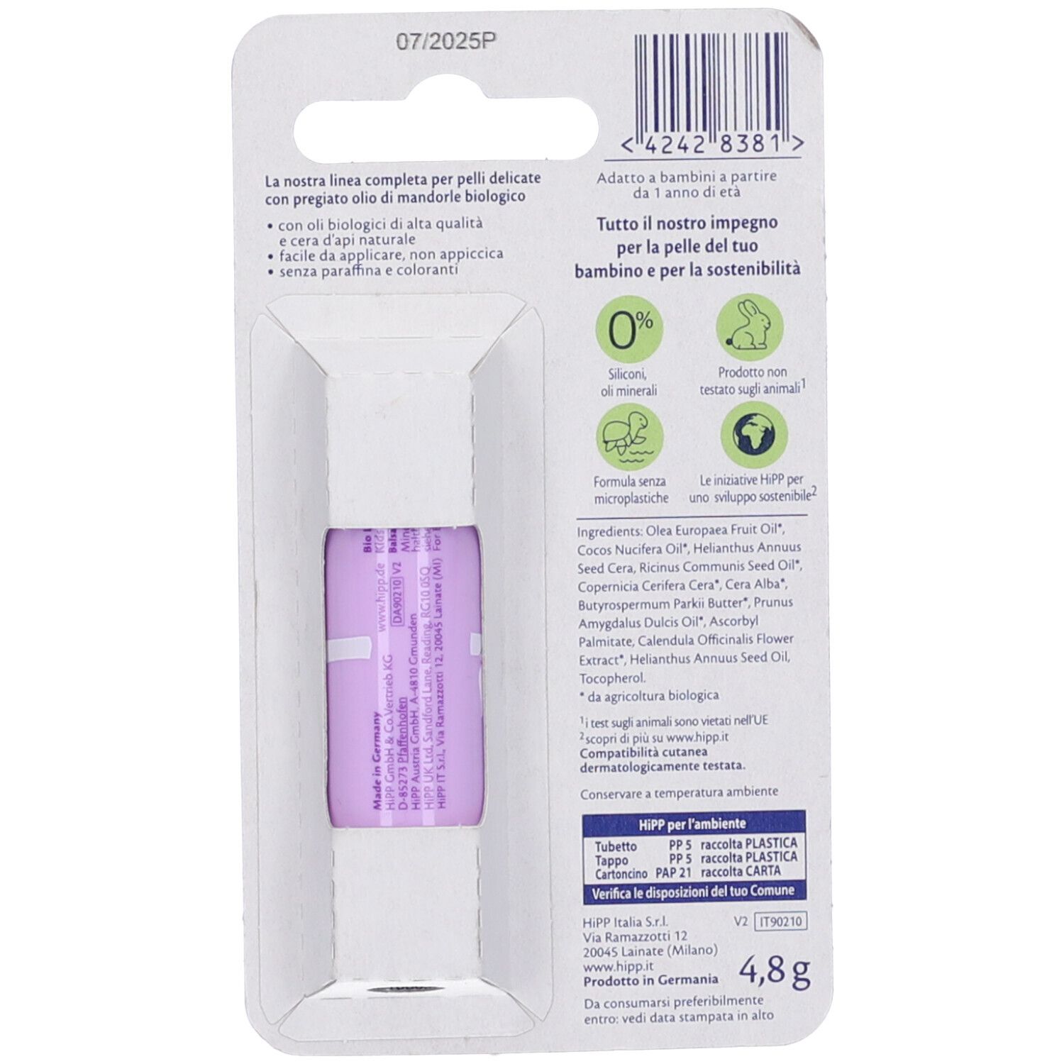 Retro della confezione del balsamo labbra. Contiene ingredienti e informazioni. Marchio Hipp.