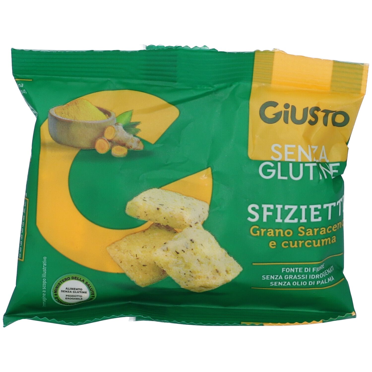Confezione verde con "Giusto Senza Glutine Sfizietti". Visibili cracker e illustrazione curcuma. Testo: "Grano saraceno e curcuma".