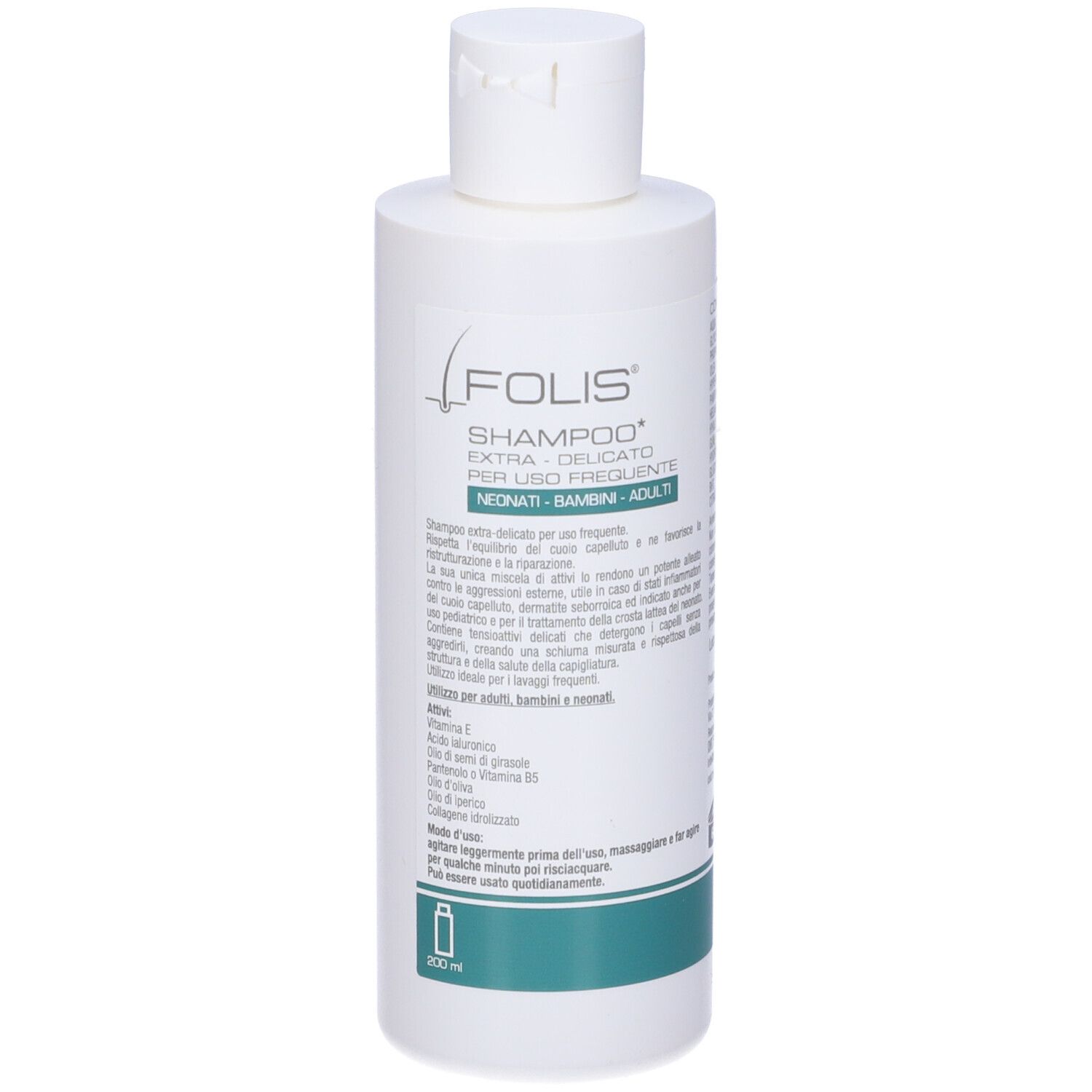 Flacone bianco con etichetta Folis Shampoo. Testo: EXTRA-DELICATO PER USO FREQUENTE. Per neonati, bambini e adulti. 200 ml.