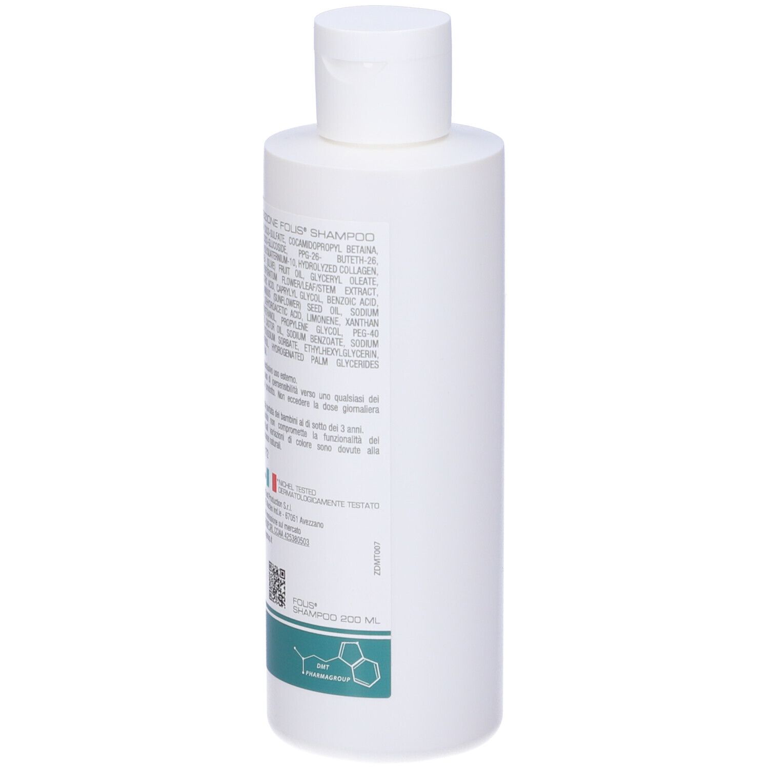 Flacone bianco con etichetta Folis Shampoo. Testo: EXTRA-DELICATO PER USO FREQUENTE. Per neonati, bambini e adulti. 200 ml.