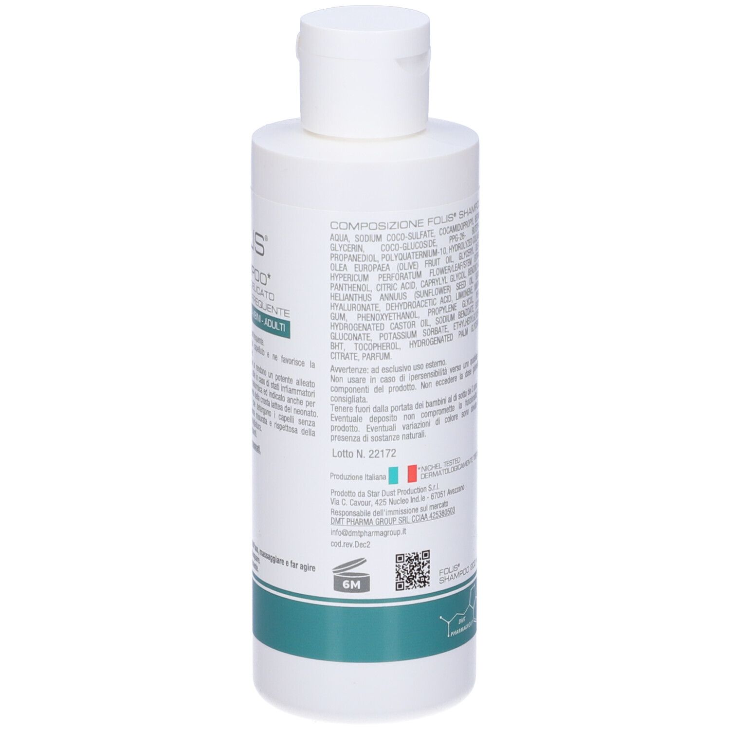 Flacone bianco con etichetta Folis Shampoo. Testo: EXTRA-DELICATO PER USO FREQUENTE. Per neonati, bambini e adulti. 200 ml.
