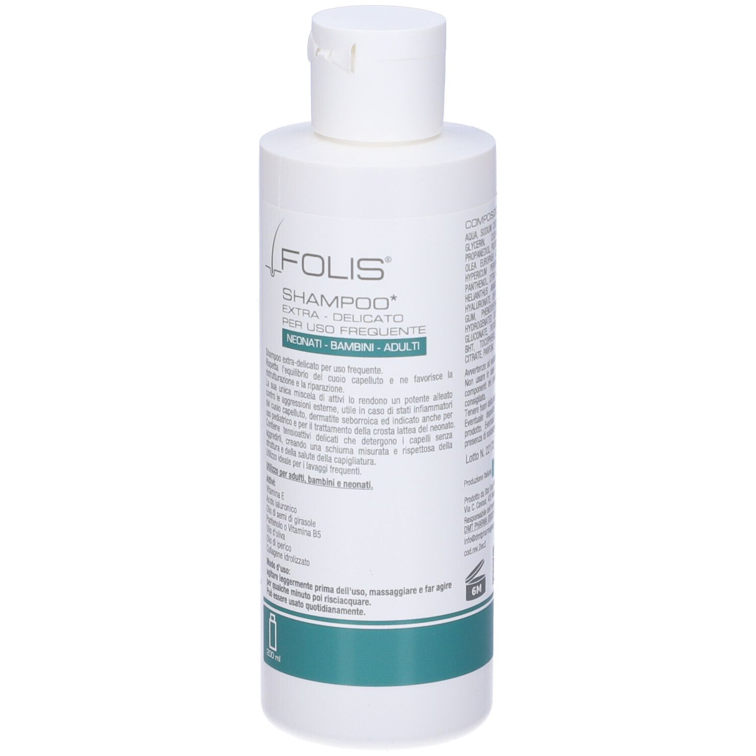 Flacone bianco con etichetta Folis Shampoo. Testo: EXTRA-DELICATO PER USO FREQUENTE. Per neonati, bambini e adulti. 200 ml.