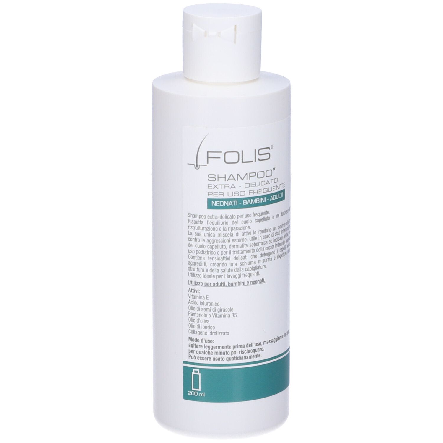 Flacone bianco con etichetta Folis Shampoo. Testo: EXTRA-DELICATO PER USO FREQUENTE. Per neonati, bambini e adulti. 200 ml.
