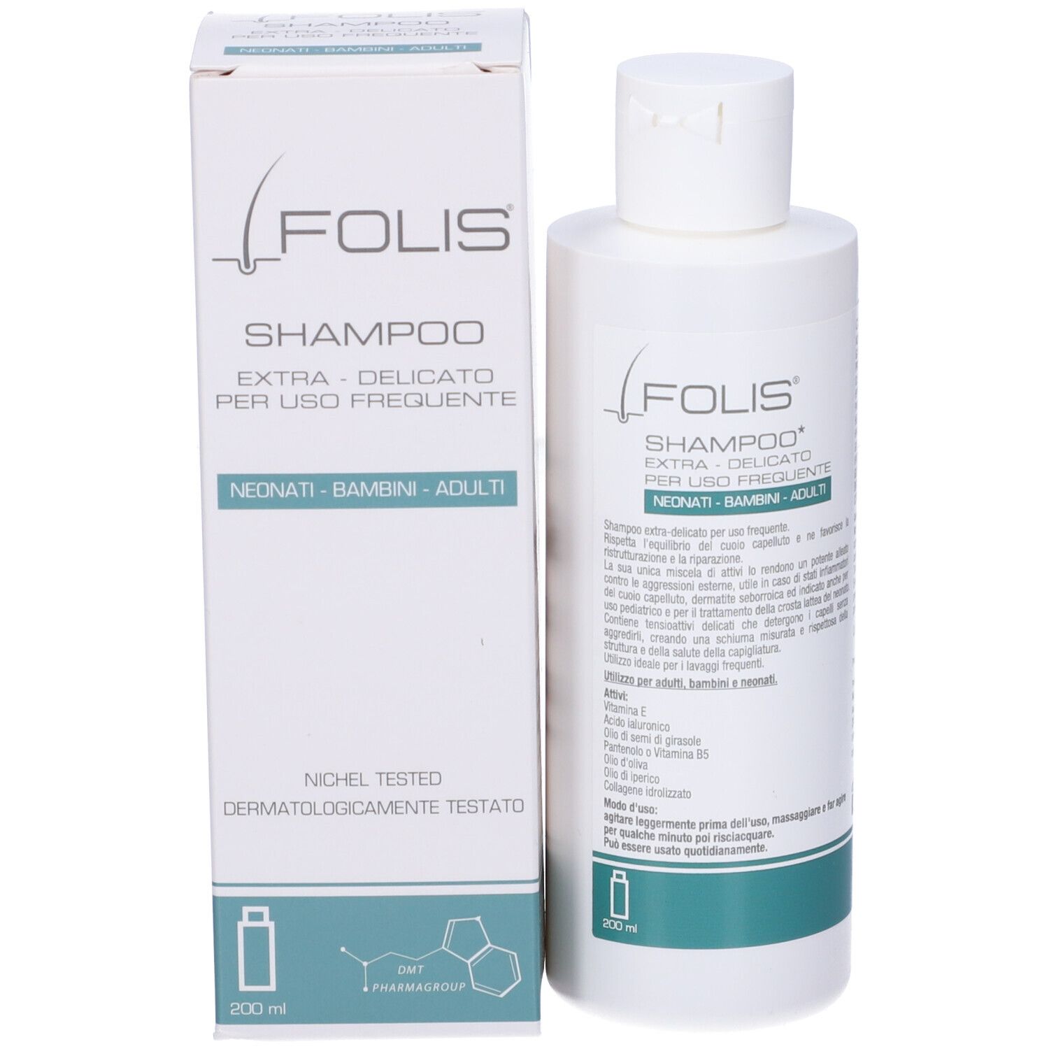 Flacone e scatola Folis Shampoo. Testo: EXTRA-DELICATO PER USO FREQUENTE. Per neonati, bambini e adulti. 200 ml.