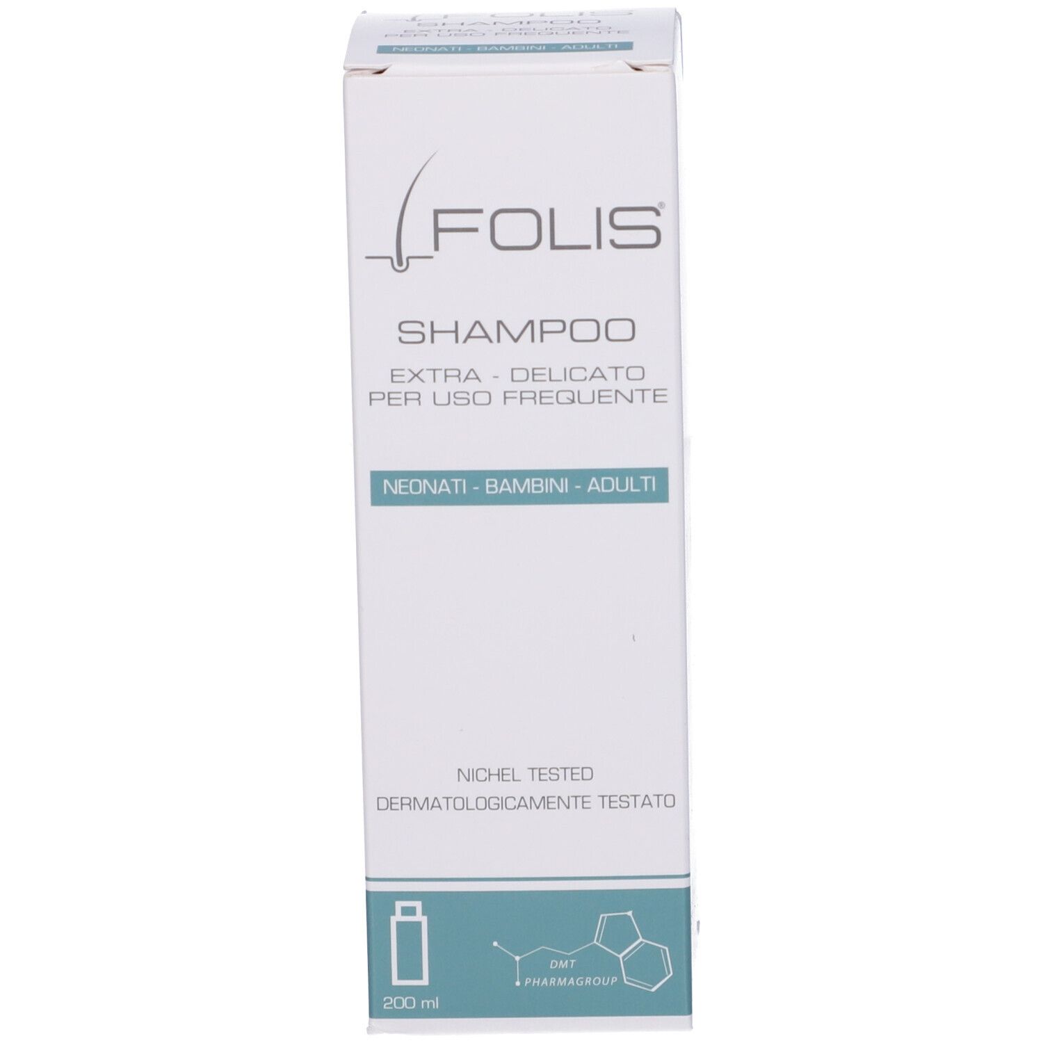 Scatola bianca con logo Folis Shampoo. Testo: EXTRA-DELICATO PER USO FREQUENTE. Per neonati, bambini e adulti. 200 ml.