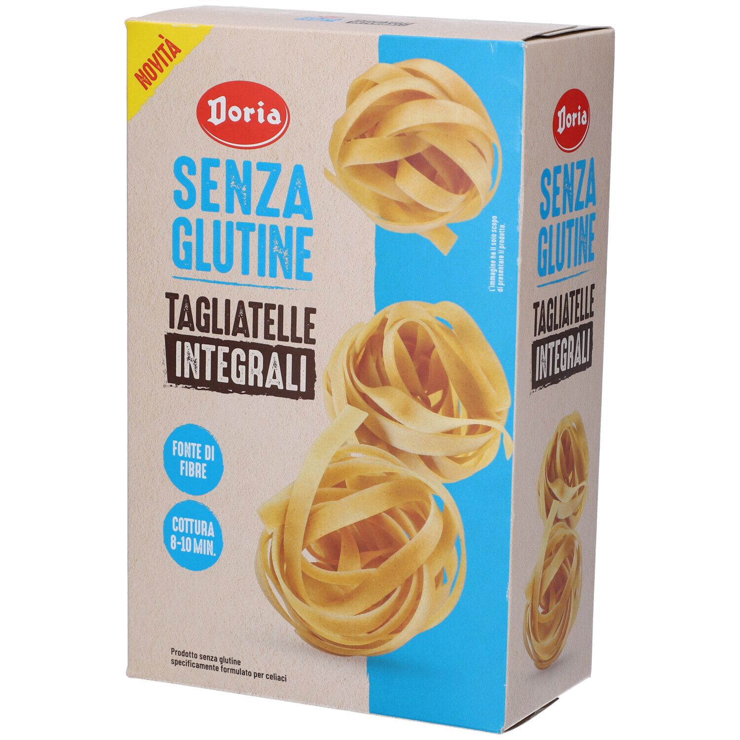 Confezione di Tagliatelle Integrali Doria. Scritta: Senza Glutine, Tagliatelle Integrali. Immagine di pasta.
