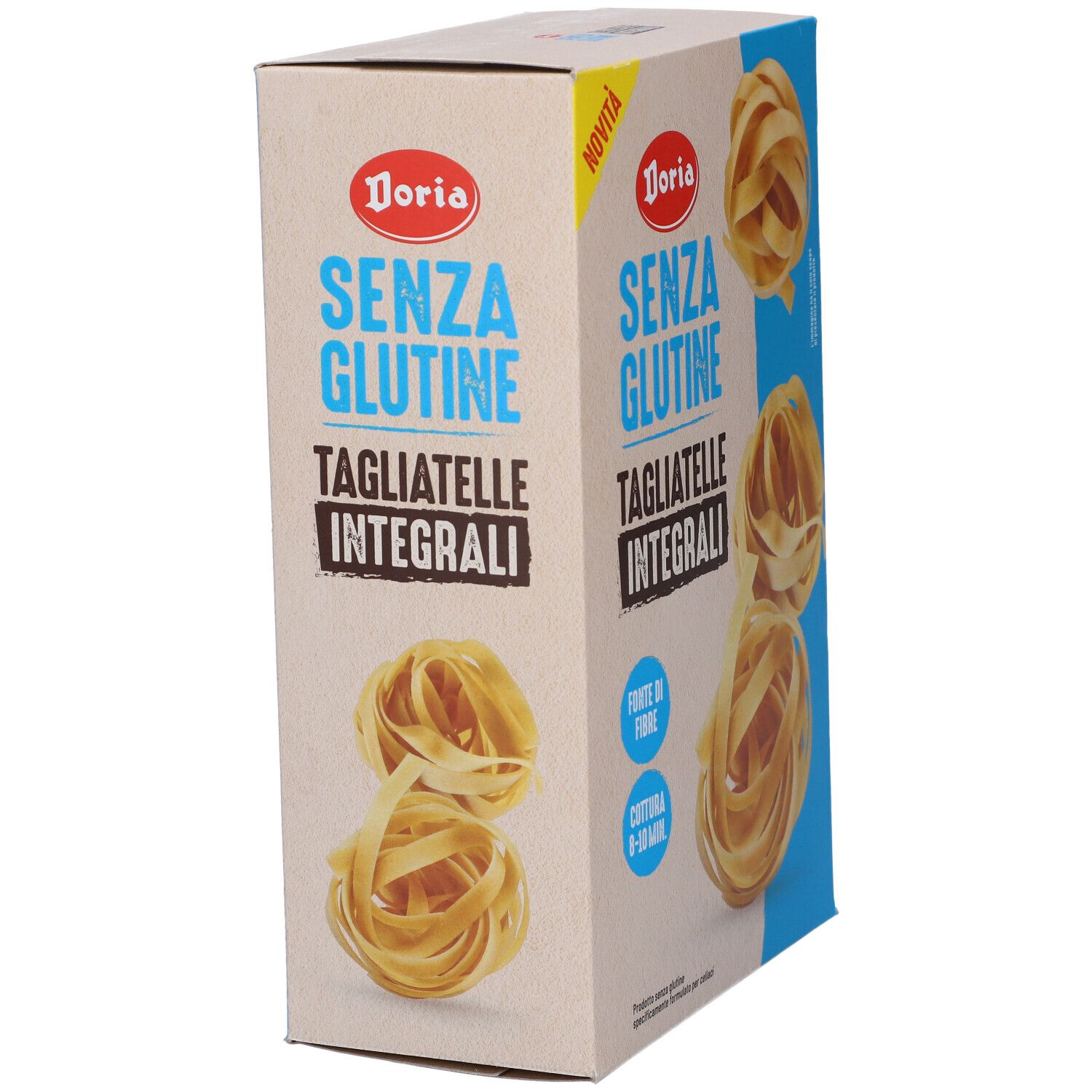 Confezione di Tagliatelle Integrali Doria. Scritta: Senza Glutine, Tagliatelle Integrali. Immagine di pasta.