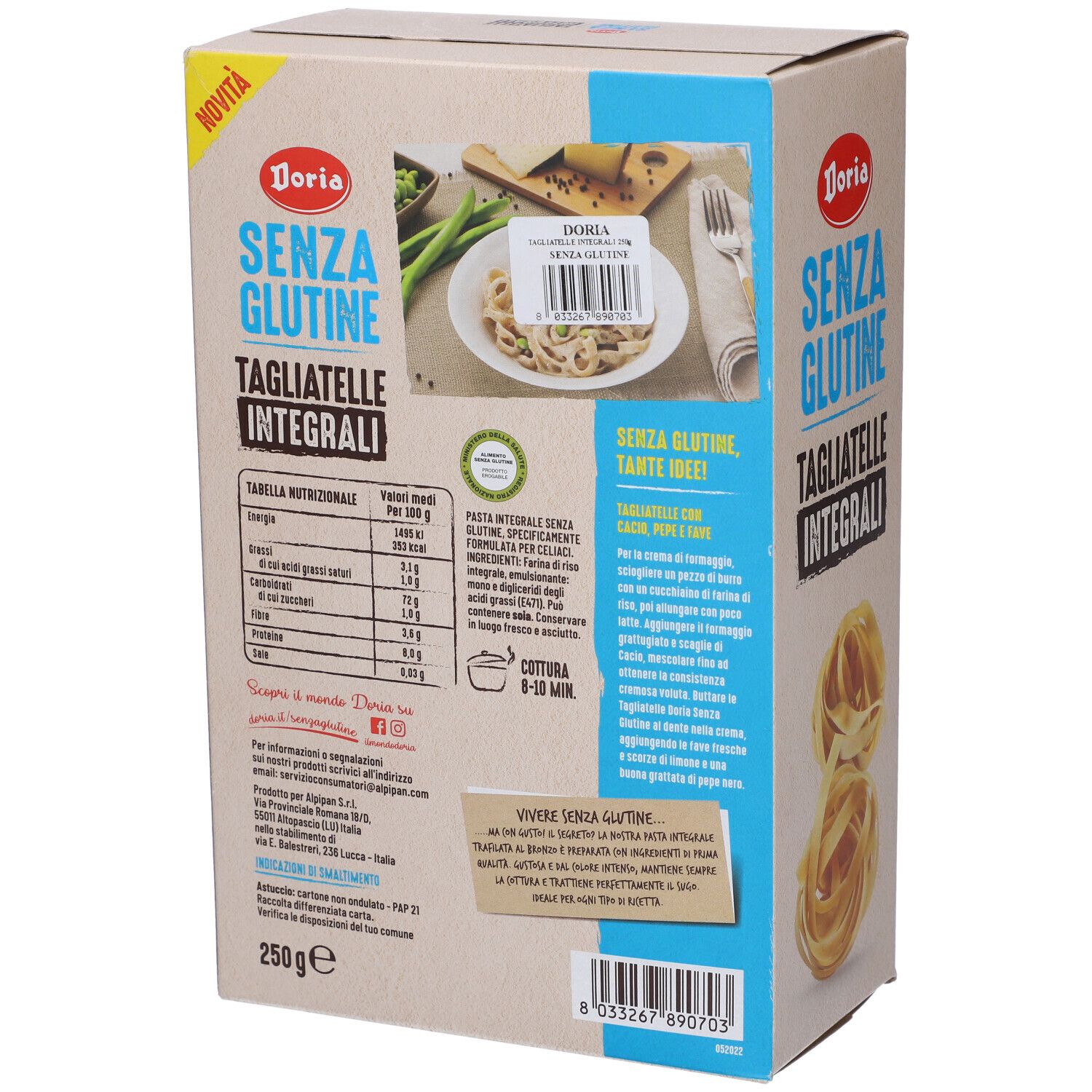Confezione di Tagliatelle Integrali Doria. Scritta: Senza Glutine, Tagliatelle Integrali. Retro con informazioni nutrizionali.