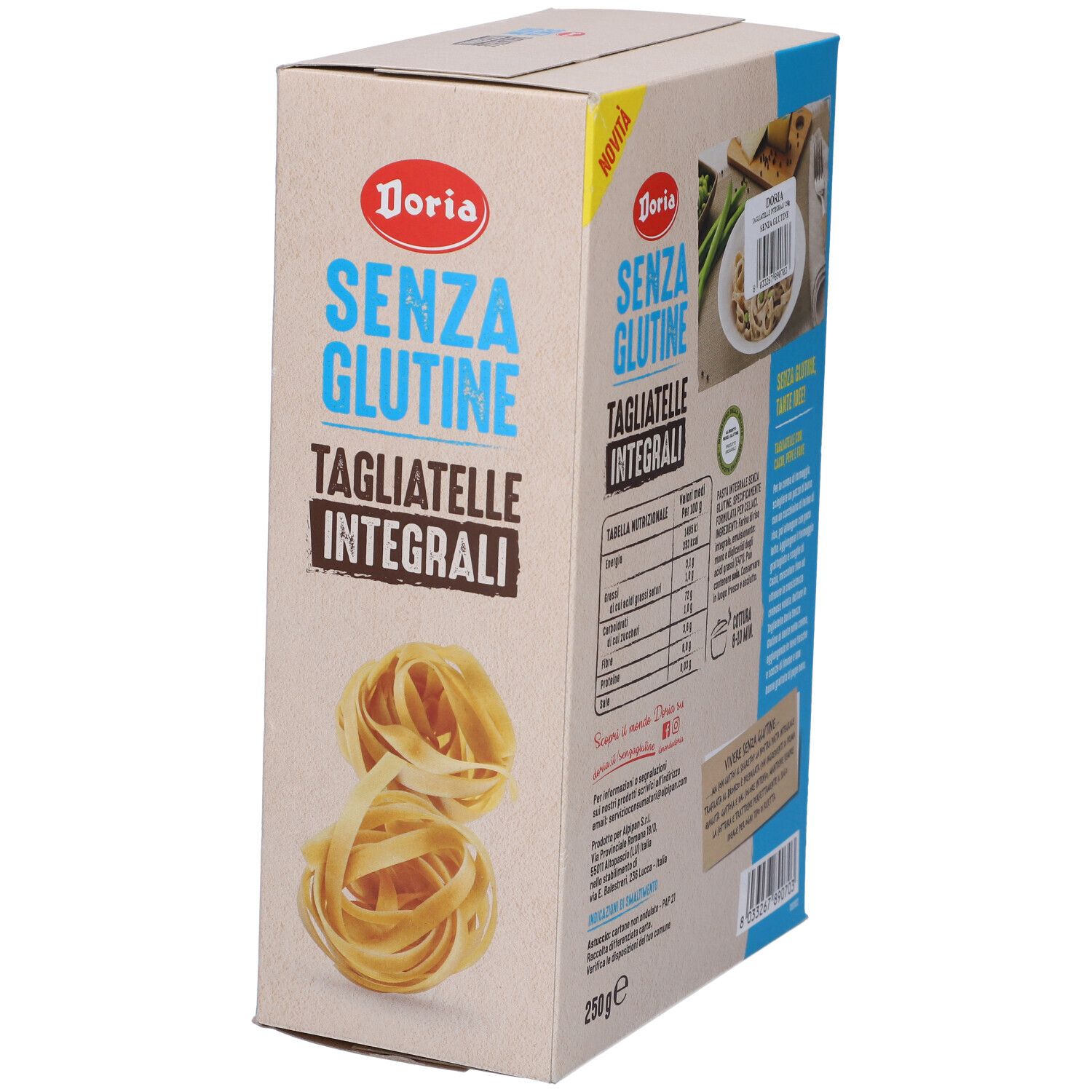 Confezione di Tagliatelle Integrali Doria. Scritta: Senza Glutine, Tagliatelle Integrali. Informazioni nutrizionali e pasta.