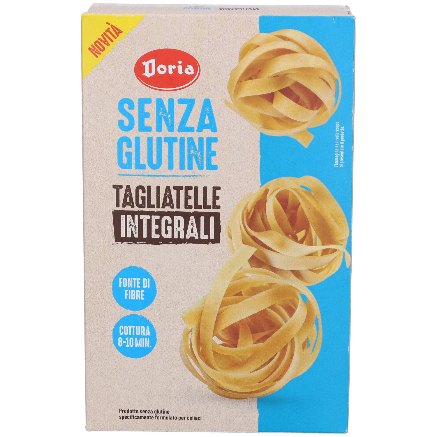 Confezione di Tagliatelle Integrali Doria. Scritta: Senza Glutine, Tagliatelle Integrali. Immagine di pasta.