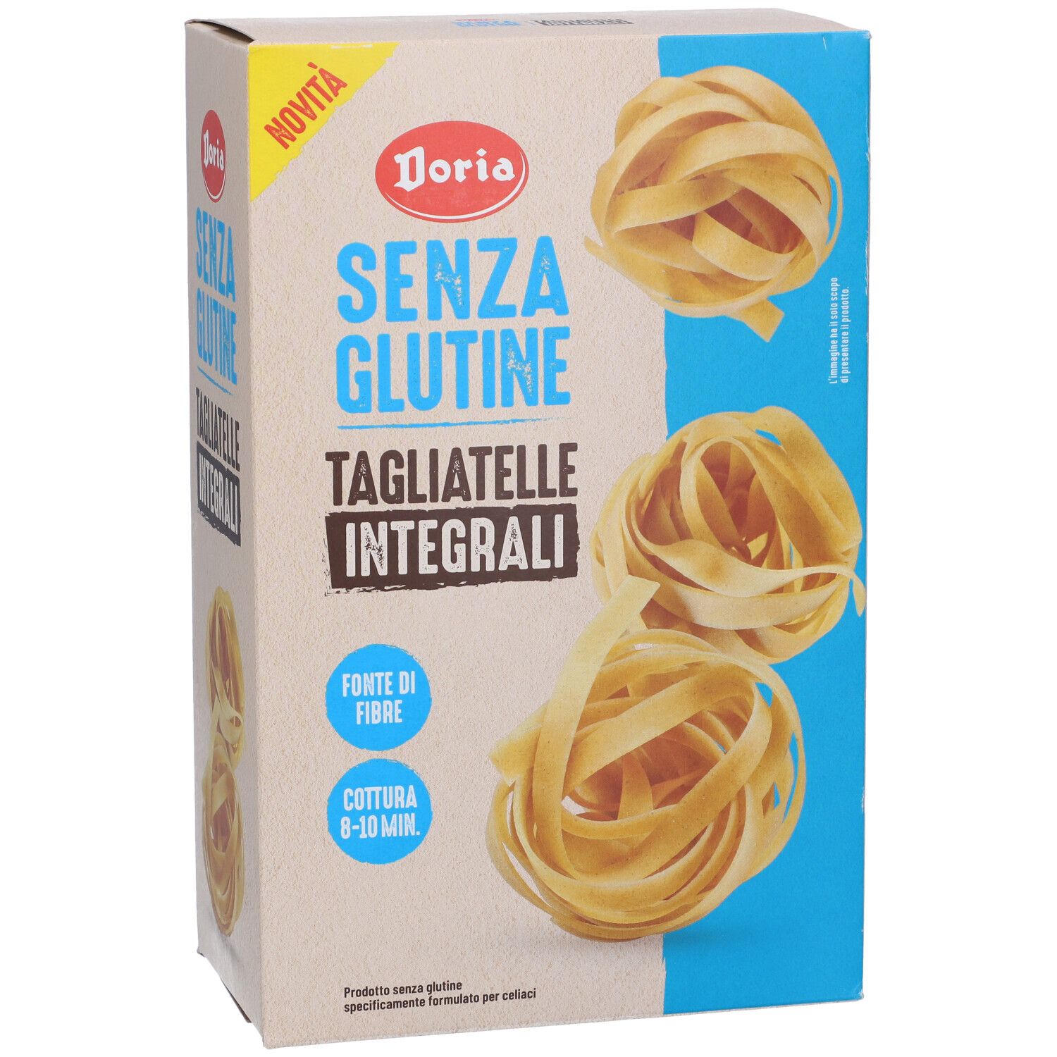 Confezione di Tagliatelle Integrali Doria. Scritta: Senza Glutine, Tagliatelle Integrali. Immagine di pasta.
