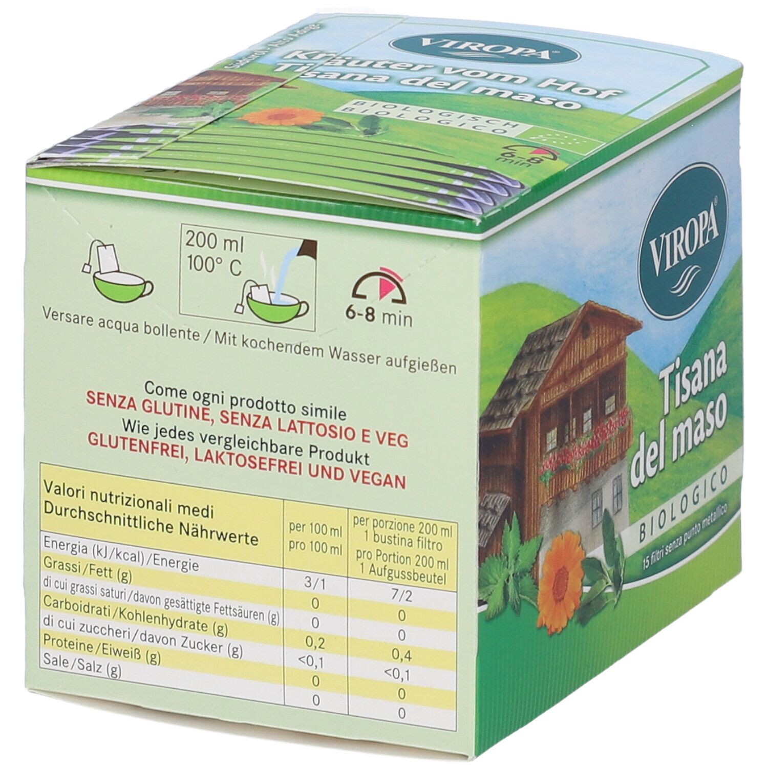 Confezione di Viropa Tisana del maso Bio Filtri. Retro con informazioni nutrizionali e istruzioni per la preparazione. Senza glutine, lattosio e vegano.