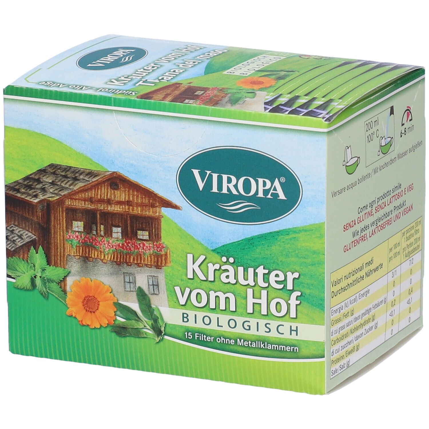 Confezione Kräuter vom Hof Bio. Scatola verde e bianca con logo, testo e illustrazioni. 15 filtri senza punti metallici.