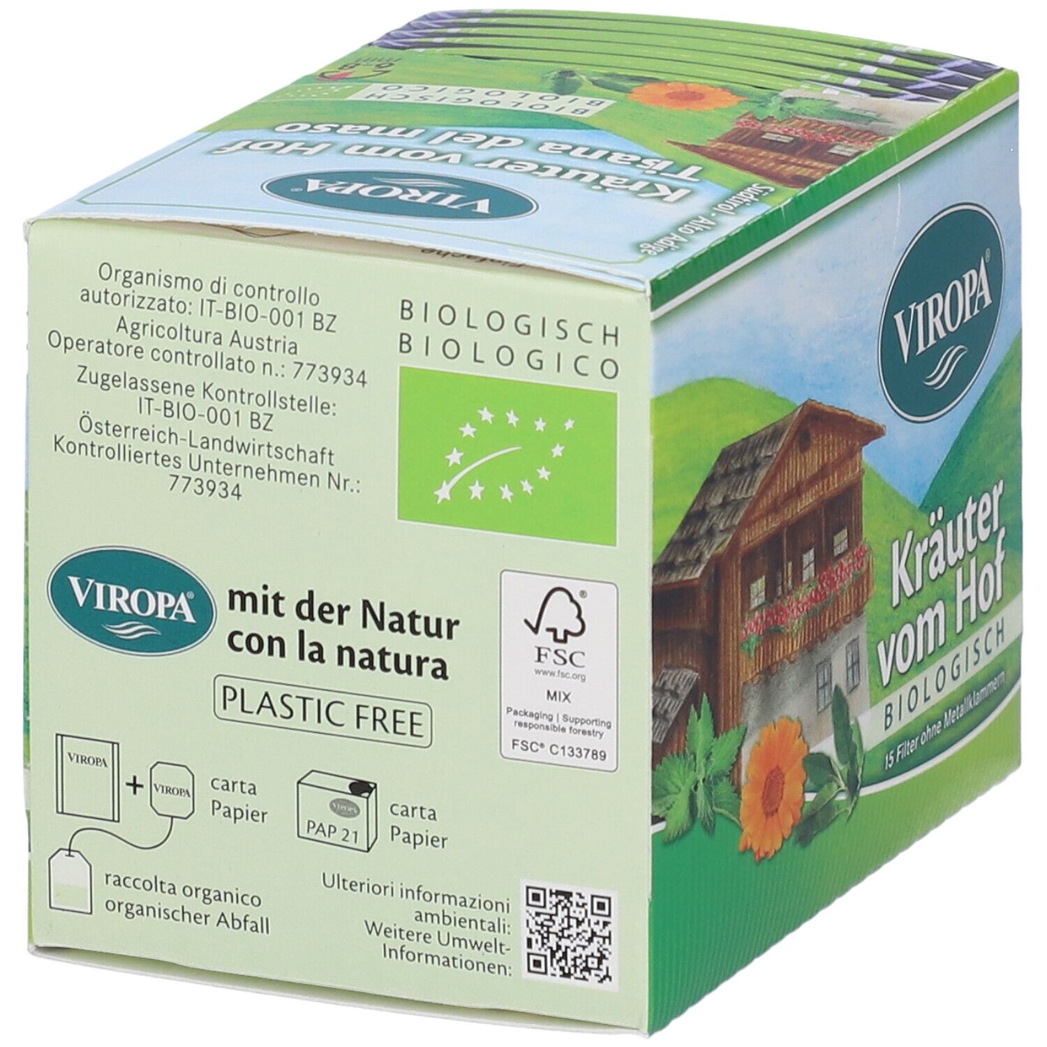 Confezione Kräuter vom Hof Bio. Scatola verde e bianca con logo, testo, illustrazioni ed etichetta biologica. Certificazione FSC.