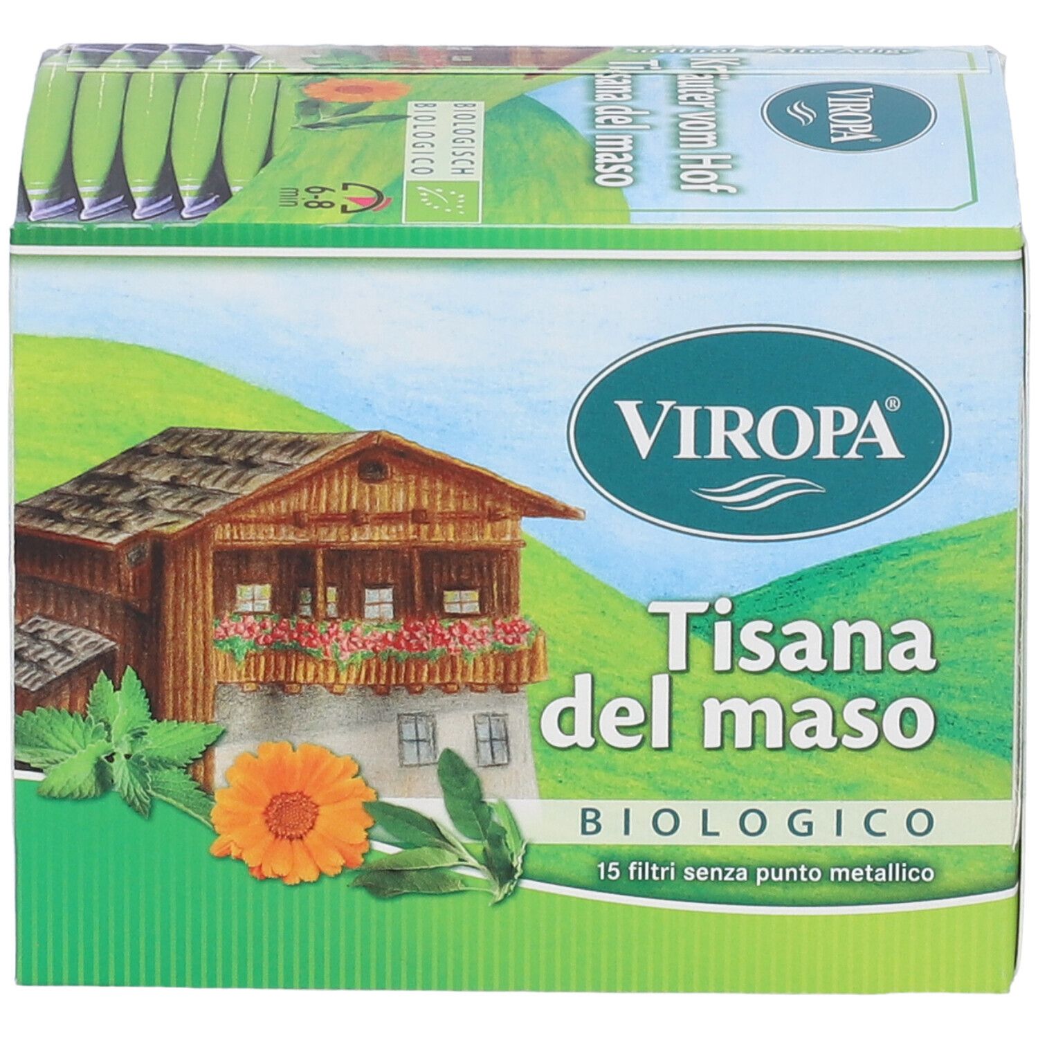 Confezione di Viropa Tisana del maso Bio Filtri. Scatola verde e bianca con logo, testo e illustrazioni. 15 filtri senza punto metallico.