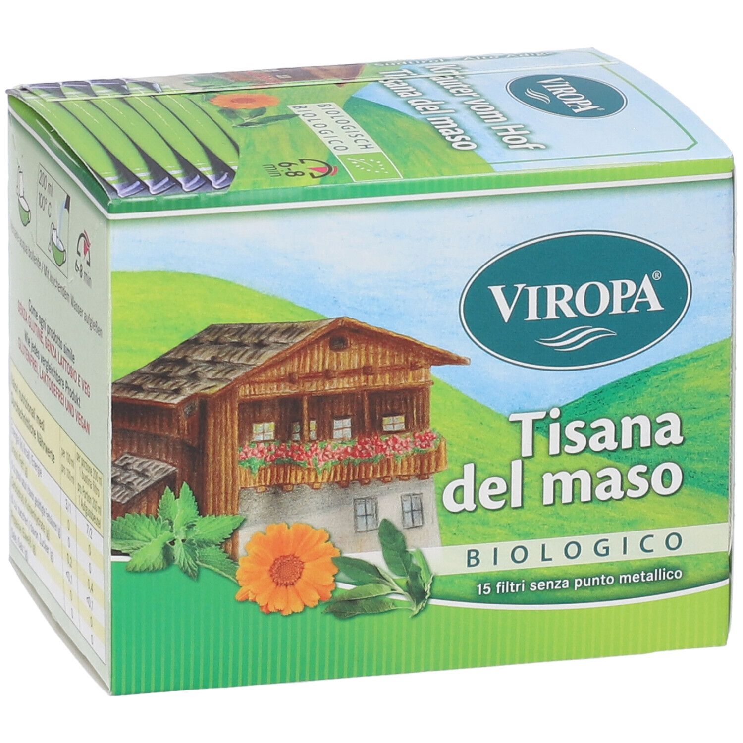 Confezione di Viropa Tisana del maso Bio Filtri. Scatola verde e bianca con logo, testo e illustrazioni. 15 filtri senza punto metallico.