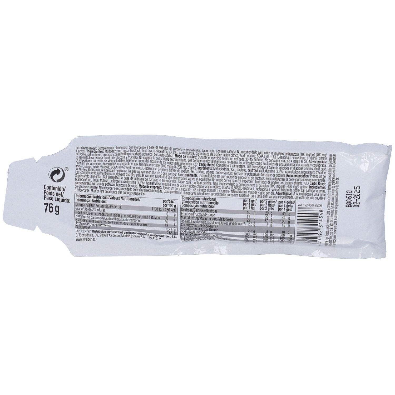 Retro di una confezione di gel. Contiene testo con informazioni nutrizionali e ingredienti. Peso: 76g.