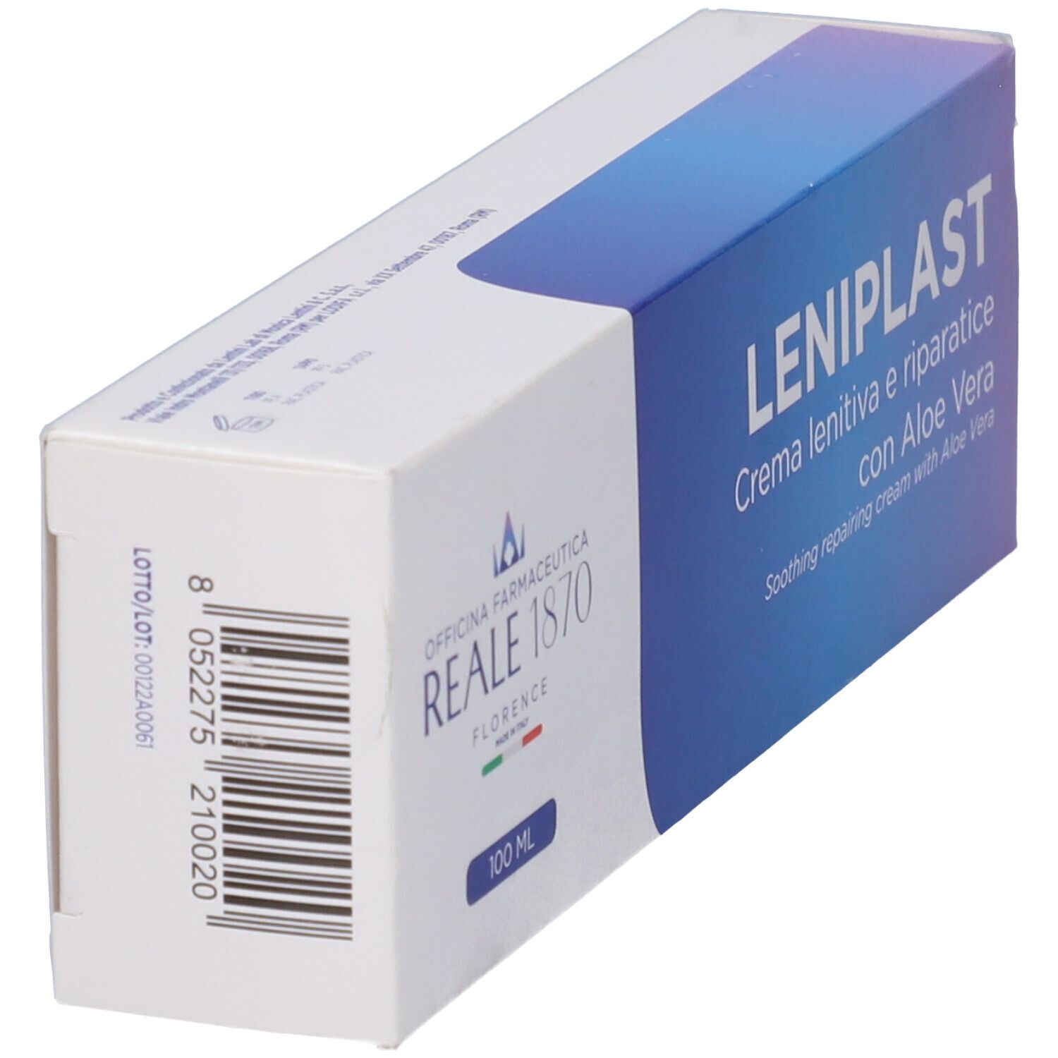 Scatola bianca, angolo blu. Testo: Leniplast, Crema lenitiva e riparatrice con Aloe Vera. Logo Reale 1870. Codice a barre e numero di lotto.