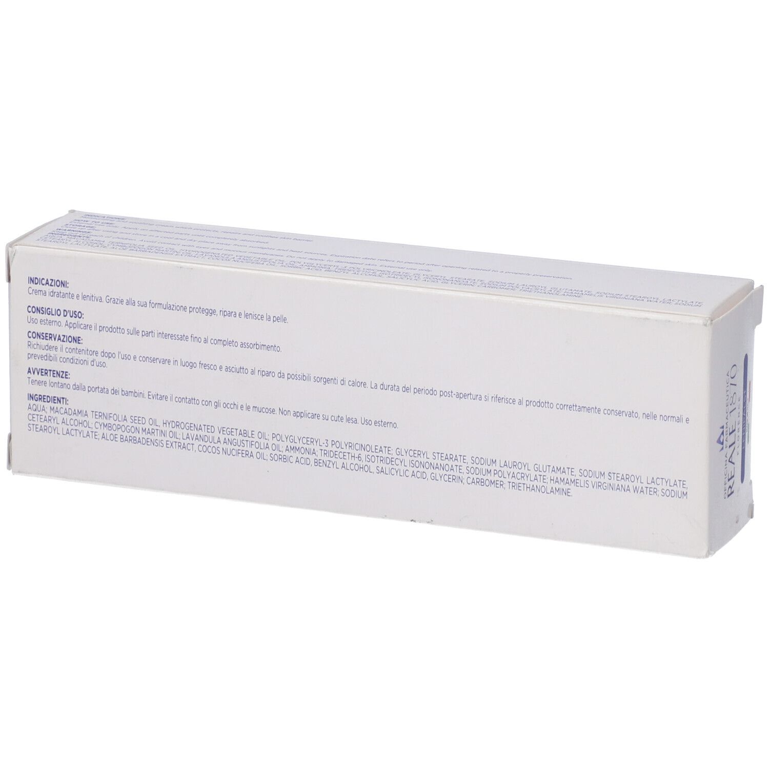 Scatola bianca con testo. Testo: Indicazioni, Modo d'uso, Avvertenze, Ingredienti. Retro della confezione.