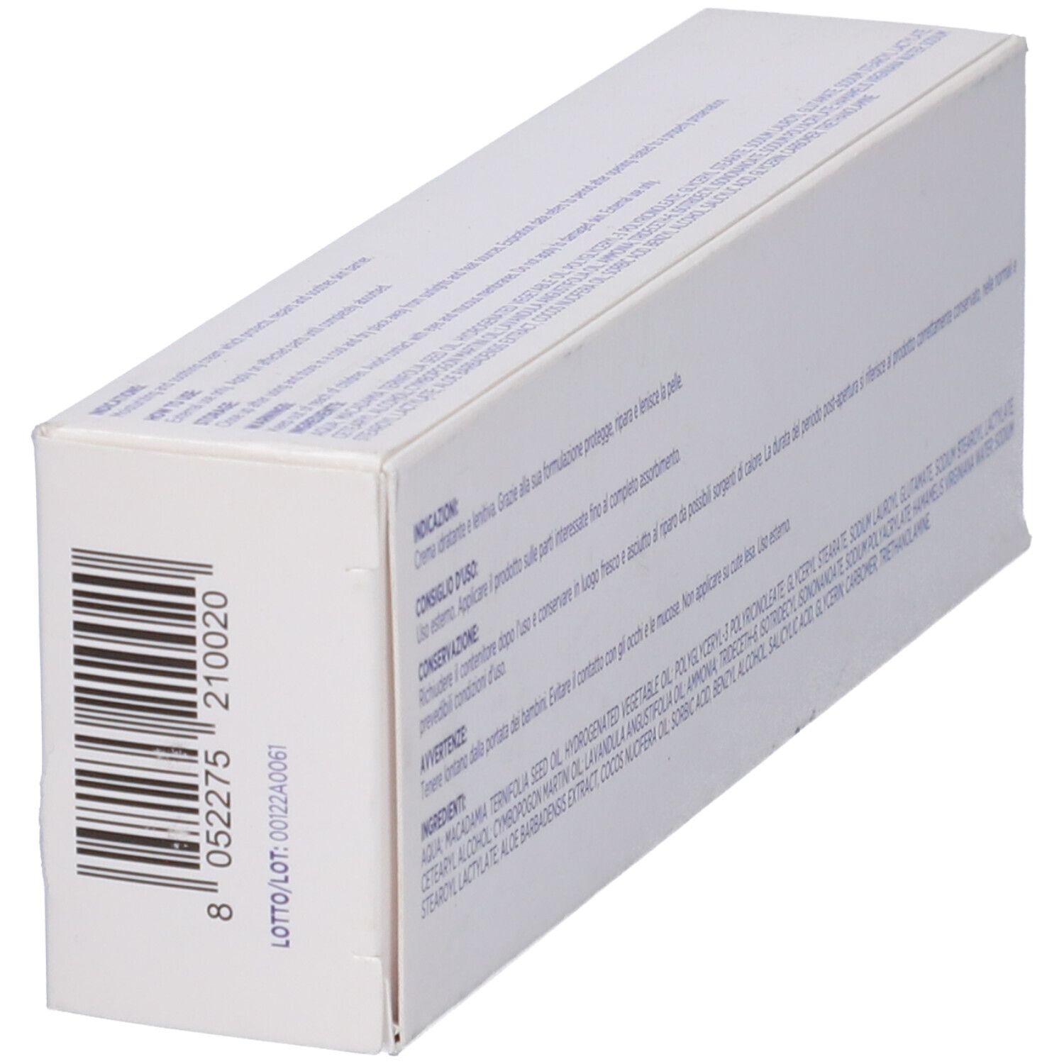 Scatola bianca con testo e codice a barre. Testo: Indicazioni, Modo d'uso, Avvertenze, Ingredienti. Retro della confezione.