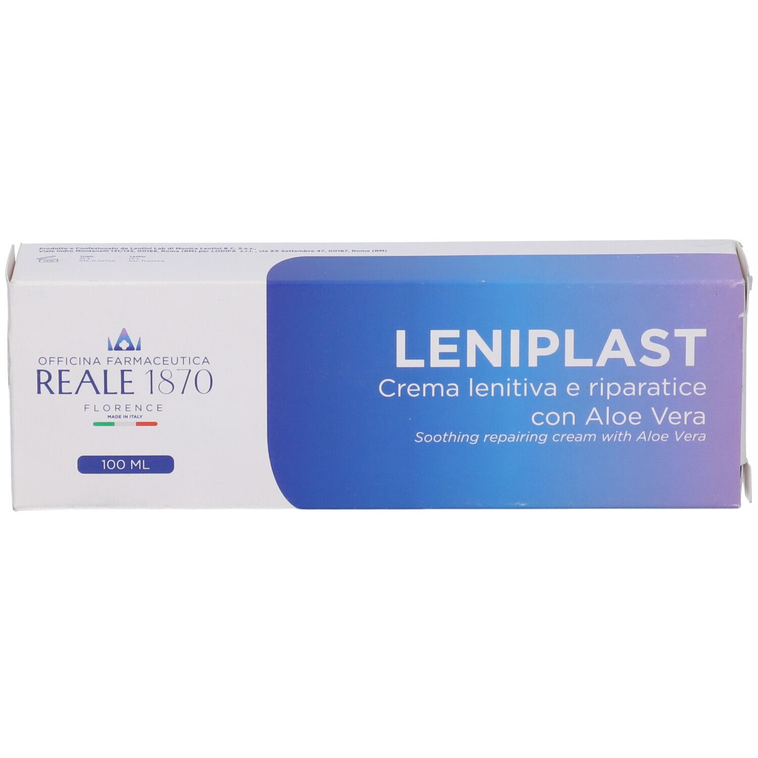 Scatola bianca con testo blu. Testo: Leniplast, Crema lenitiva e riparatrice con Aloe Vera. Logo Reale 1870.