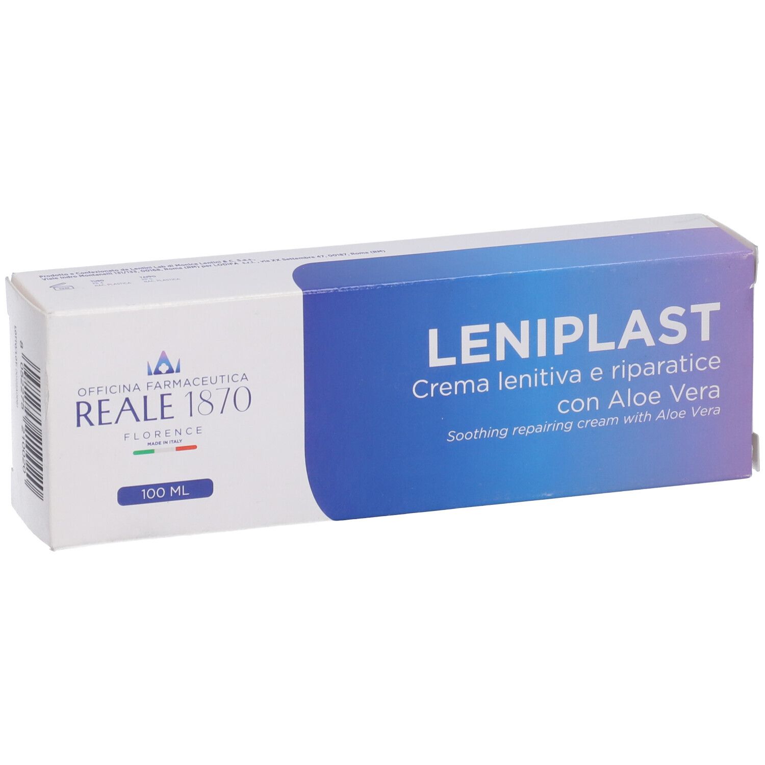 Scatola bianca con testo blu. Testo: Leniplast, Crema lenitiva e riparatrice con Aloe Vera. Logo Reale 1870.