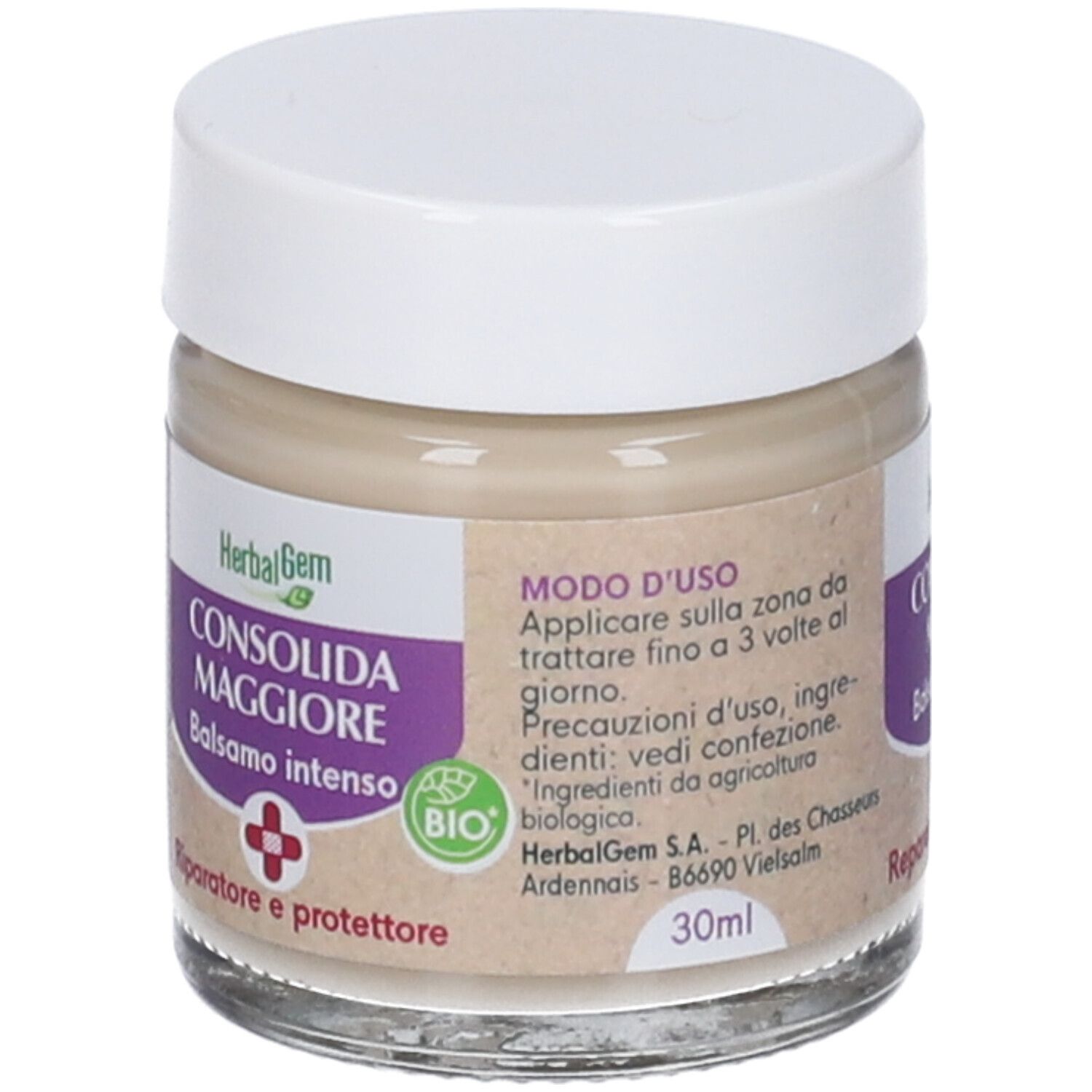 Vasetto di crema con coperchio bianco. Etichetta con nome prodotto, logo e marchio bio. Contenitore in vetro con contenuto beige.