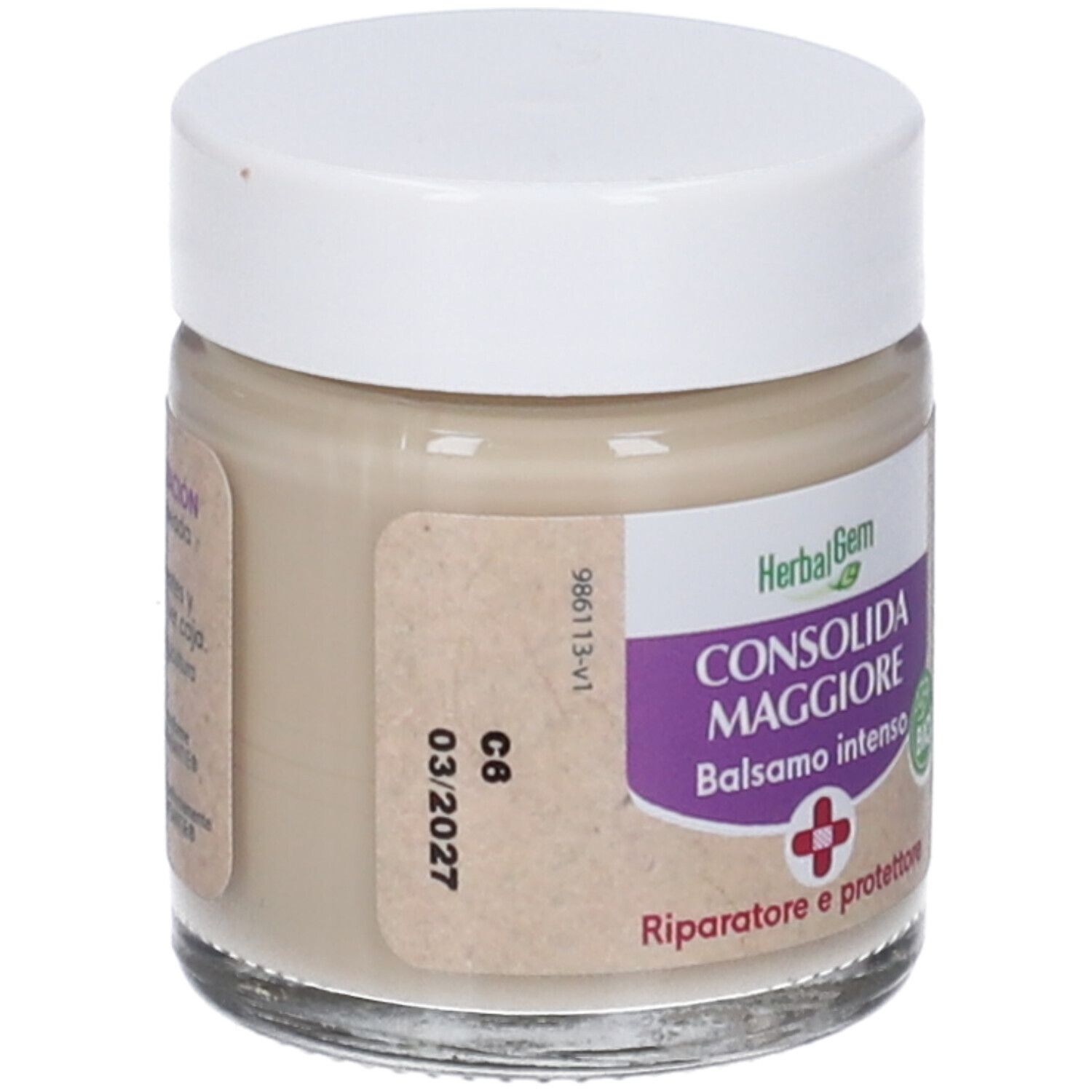 Vasetto di crema con coperchio bianco. Etichetta con nome prodotto, logo e marchio bio. Contenitore in vetro con contenuto beige.