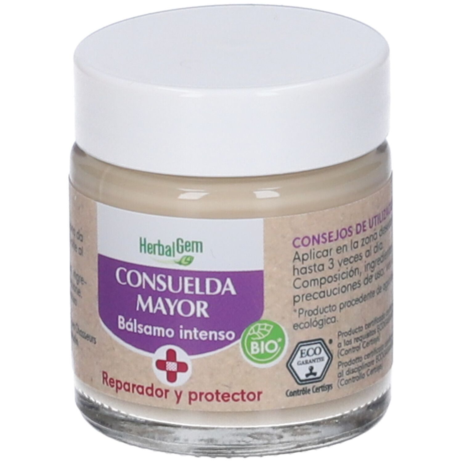 Vasetto di crema con coperchio bianco. Etichetta con nome prodotto, logo e marchio bio. Contenitore in vetro con contenuto beige.