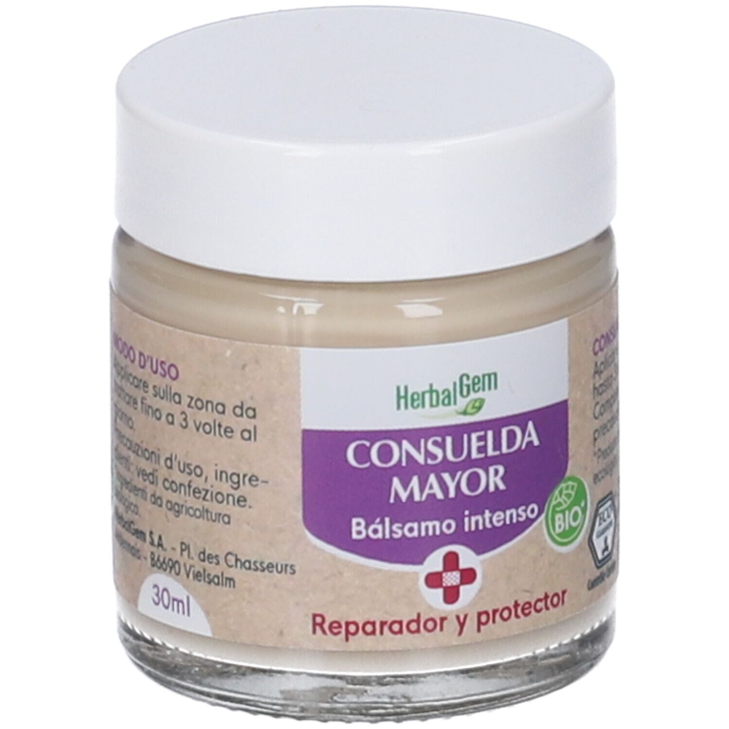 Vasetto di crema con coperchio bianco. Etichetta con nome prodotto, logo e marchio bio. Contenitore in vetro con contenuto beige.