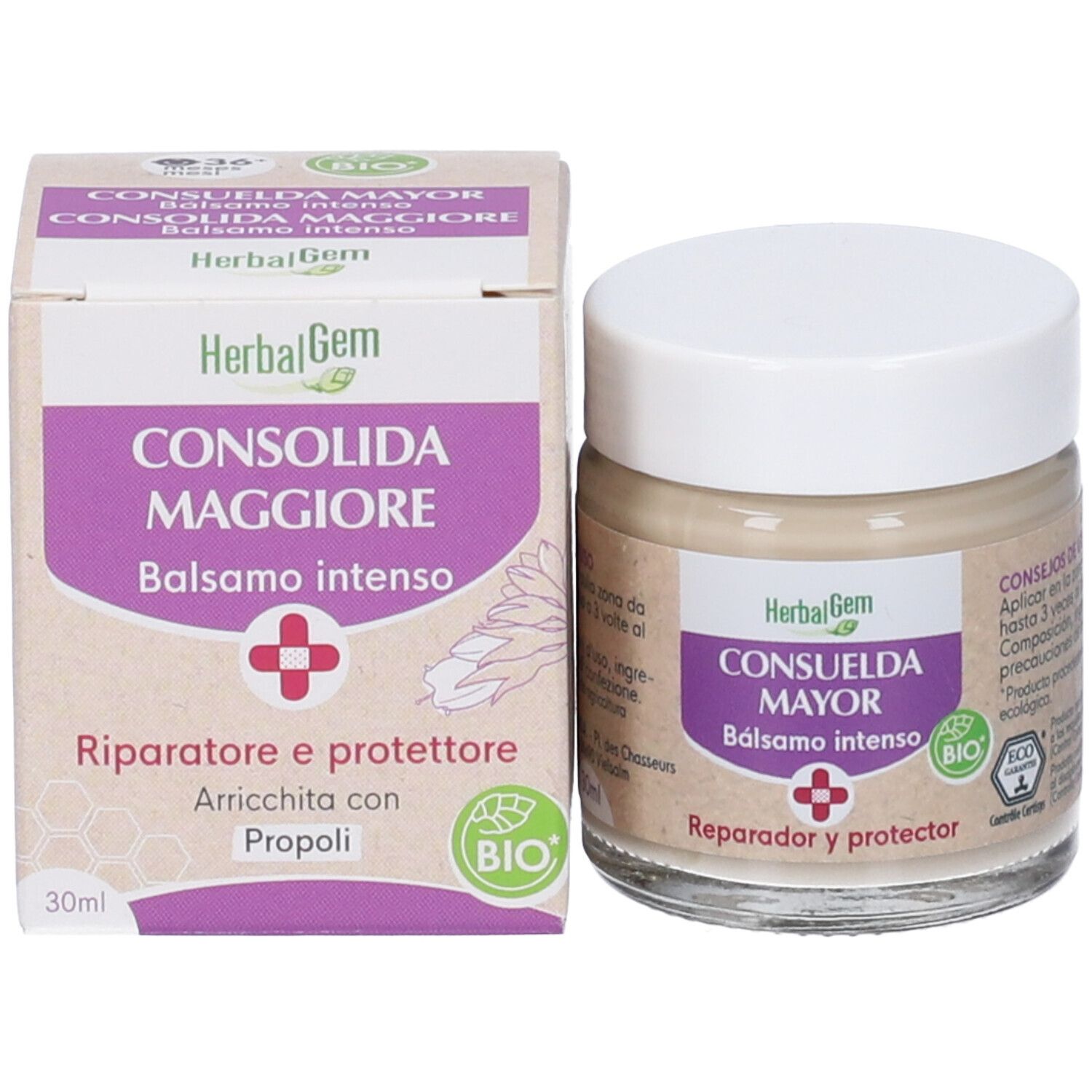 Vasetto di crema e scatola. Vasetto con coperchio bianco, etichetta con nome prodotto, logo e marchio bio. Scatola con nome prodotto.