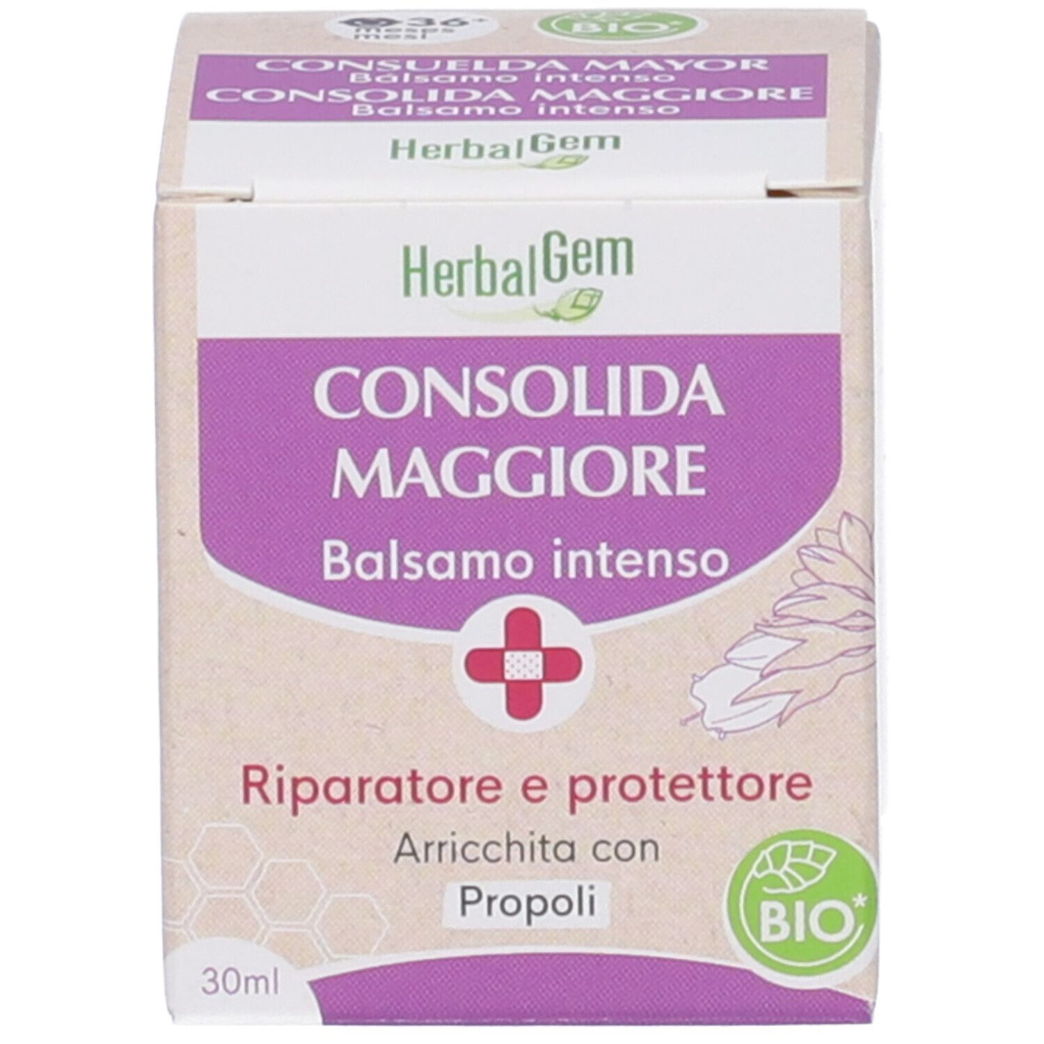 Scatola con nome prodotto, logo e marchio bio. Stampa con informazioni sul prodotto. Sfondo bianco.