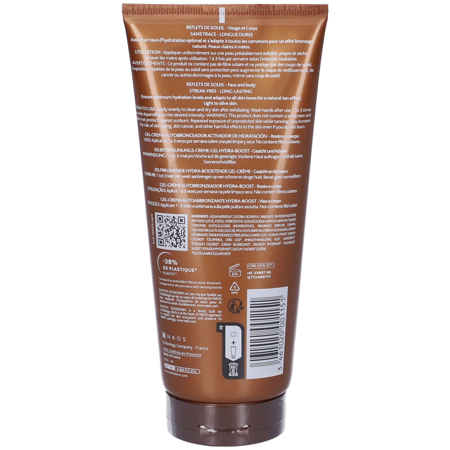 Retro di un tubo marrone. Testo multilingue. Codice QR e simbolo di riciclaggio. Scritta: Hydra-Boost Self-Tanning Cream-Gel.