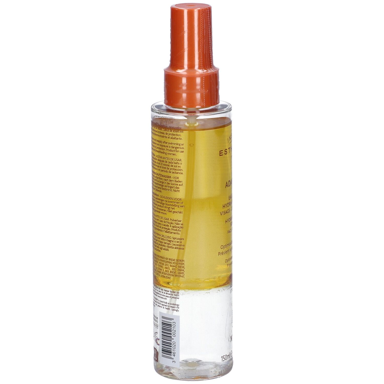 Flacone spray di crema solare. Contenitore trasparente con erogatore arancione. Etichetta con testo.